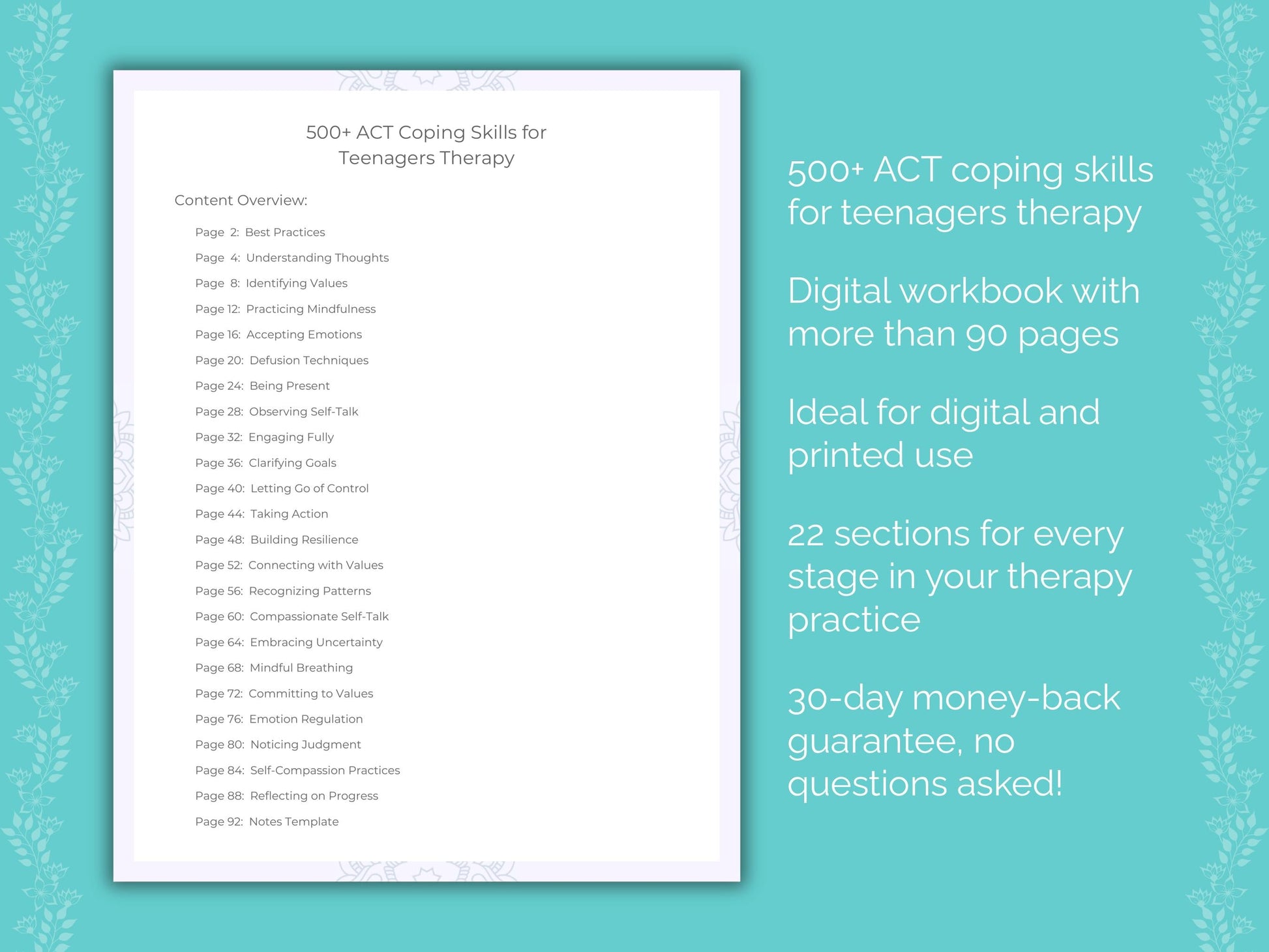 Teenagers Acceptance and Commitment Therapy (ACT) Therapist Worksheets