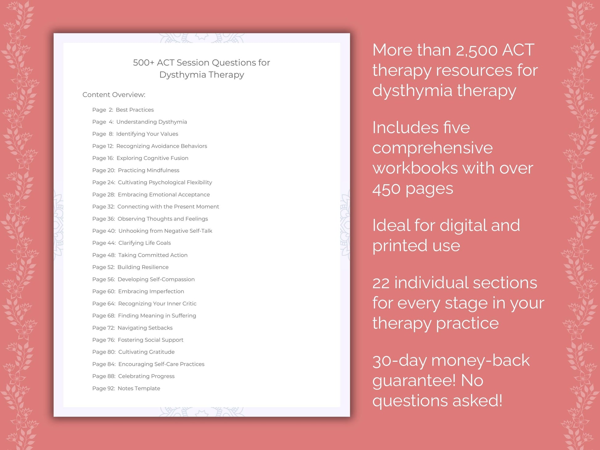 Dysthymia Acceptance and Commitment Therapy (ACT) Therapist Worksheets