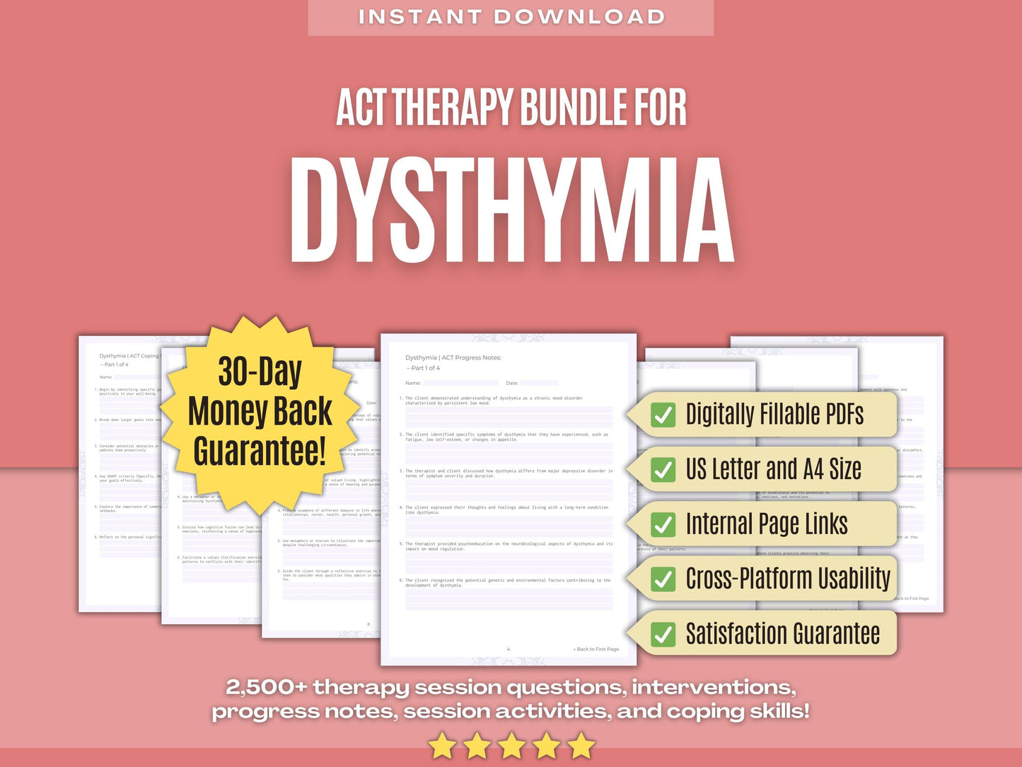 Dysthymia Acceptance and Commitment Therapy (ACT) Psychology Workbooks