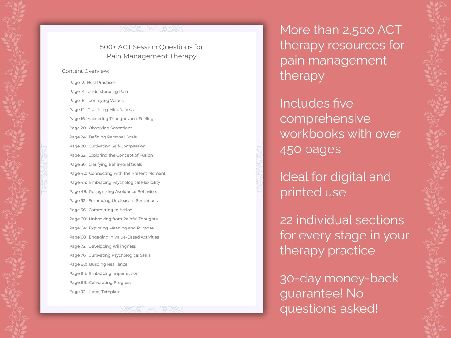 Pain Management Acceptance and Commitment Therapy (ACT) Therapist Worksheets