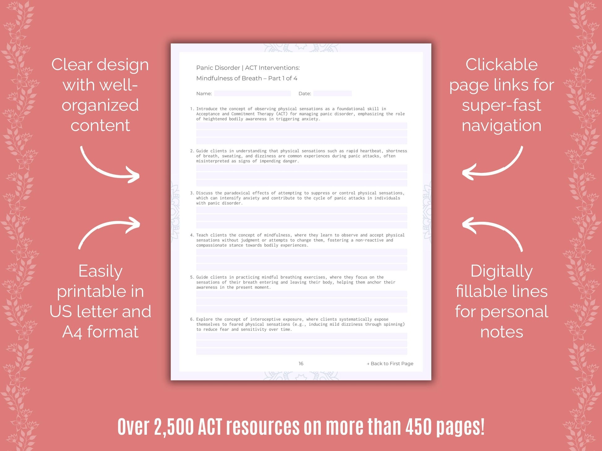 Panic Disorder Acceptance and Commitment Therapy (ACT) Counseling Templates