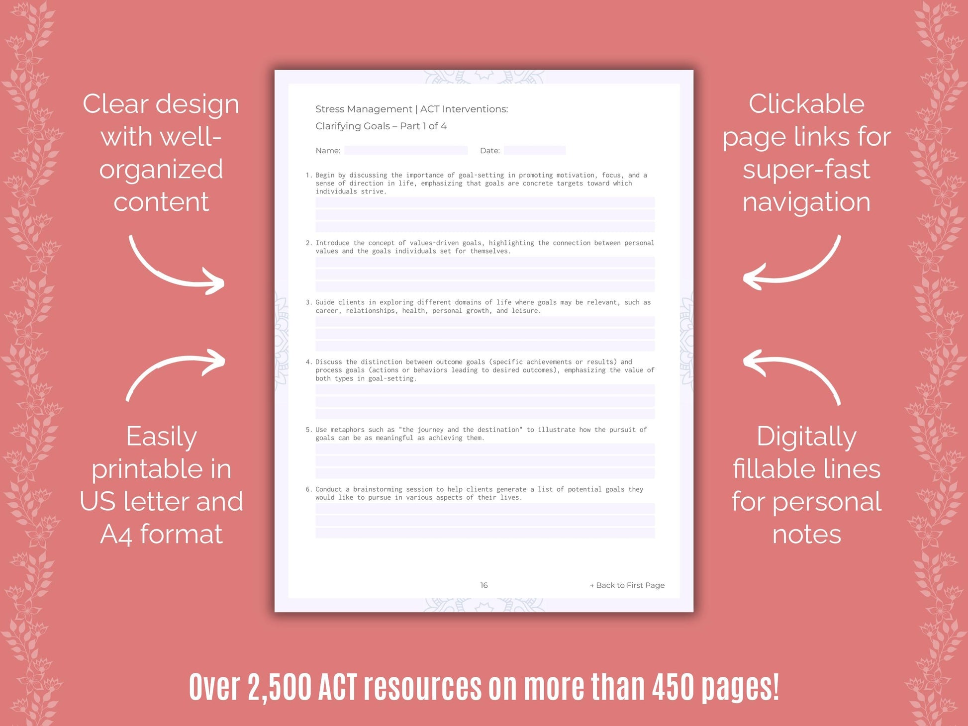 Stress Management Acceptance and Commitment Therapy (ACT) Counseling Templates