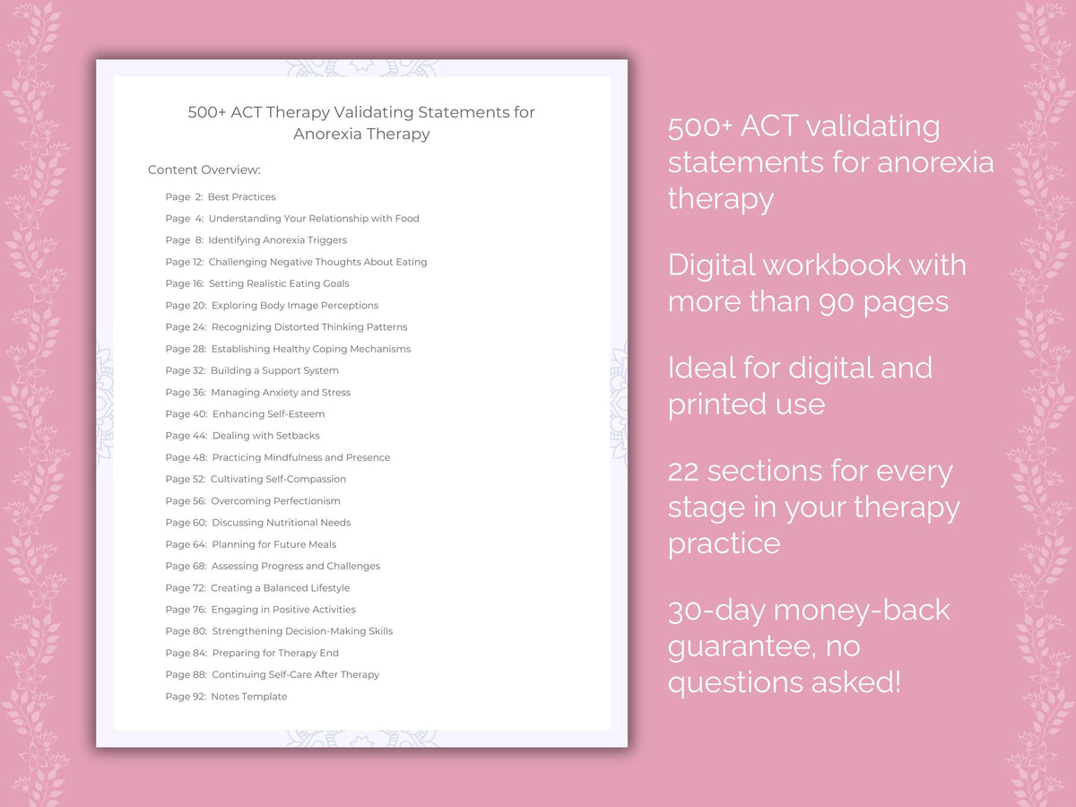 Anorexia Acceptance and Commitment Therapy (ACT) Therapist Worksheets