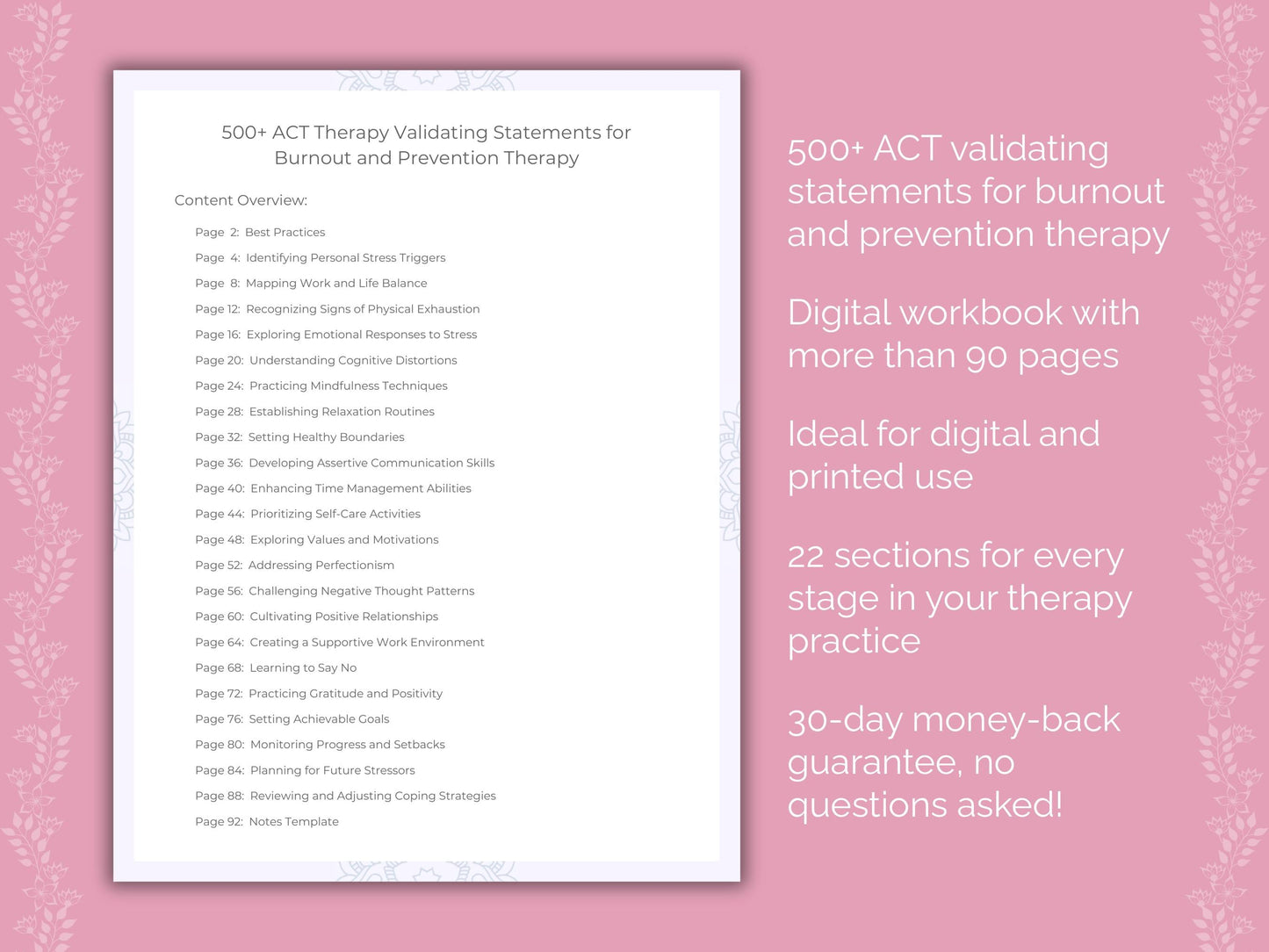 Burnout and Prevention Acceptance and Commitment Therapy (ACT) Therapist Worksheets