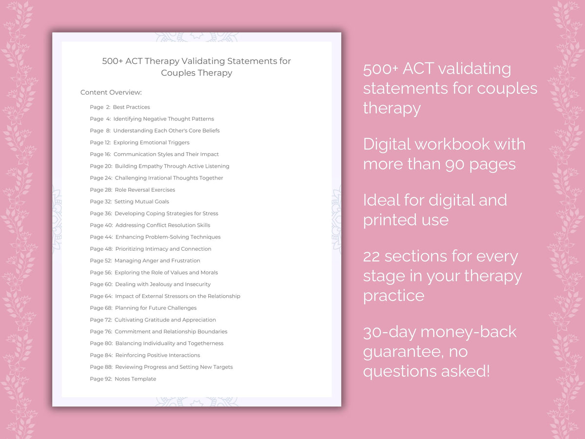 Couples Acceptance and Commitment Therapy (ACT) Therapist Worksheets