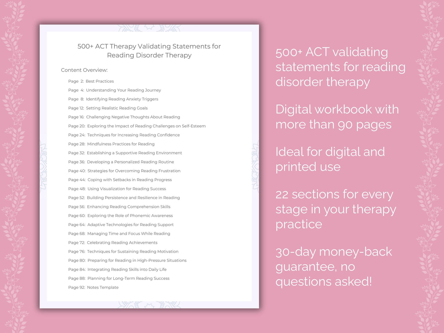 Reading Disorder Acceptance and Commitment Therapy (ACT) Therapist Worksheets