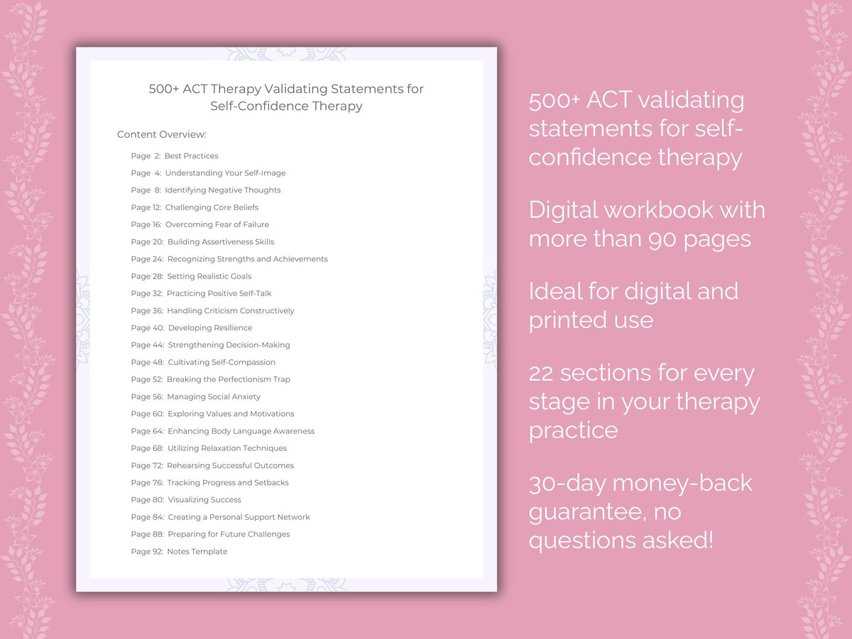 Self-Confidence Acceptance and Commitment Therapy (ACT) Therapist Worksheets