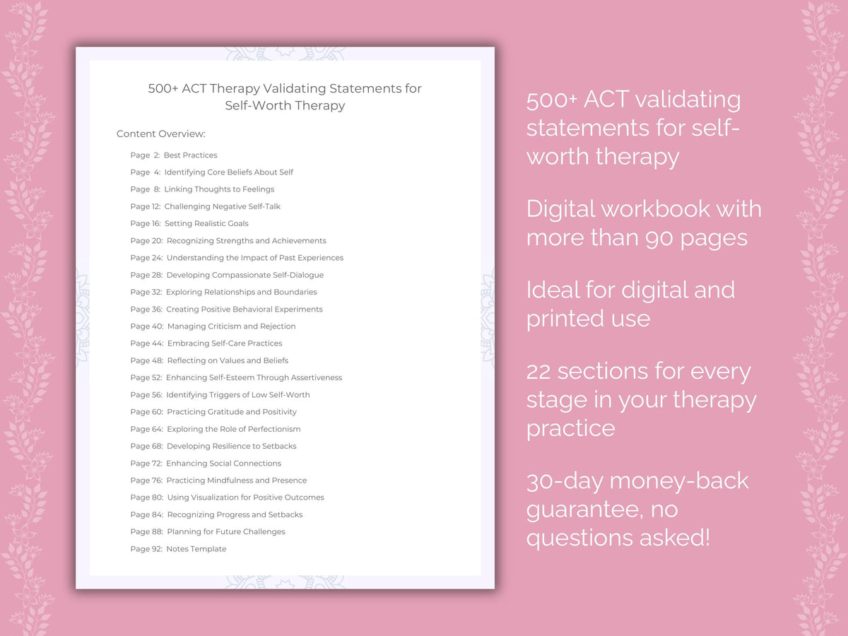Self-Worth Acceptance and Commitment Therapy (ACT) Therapist Worksheets