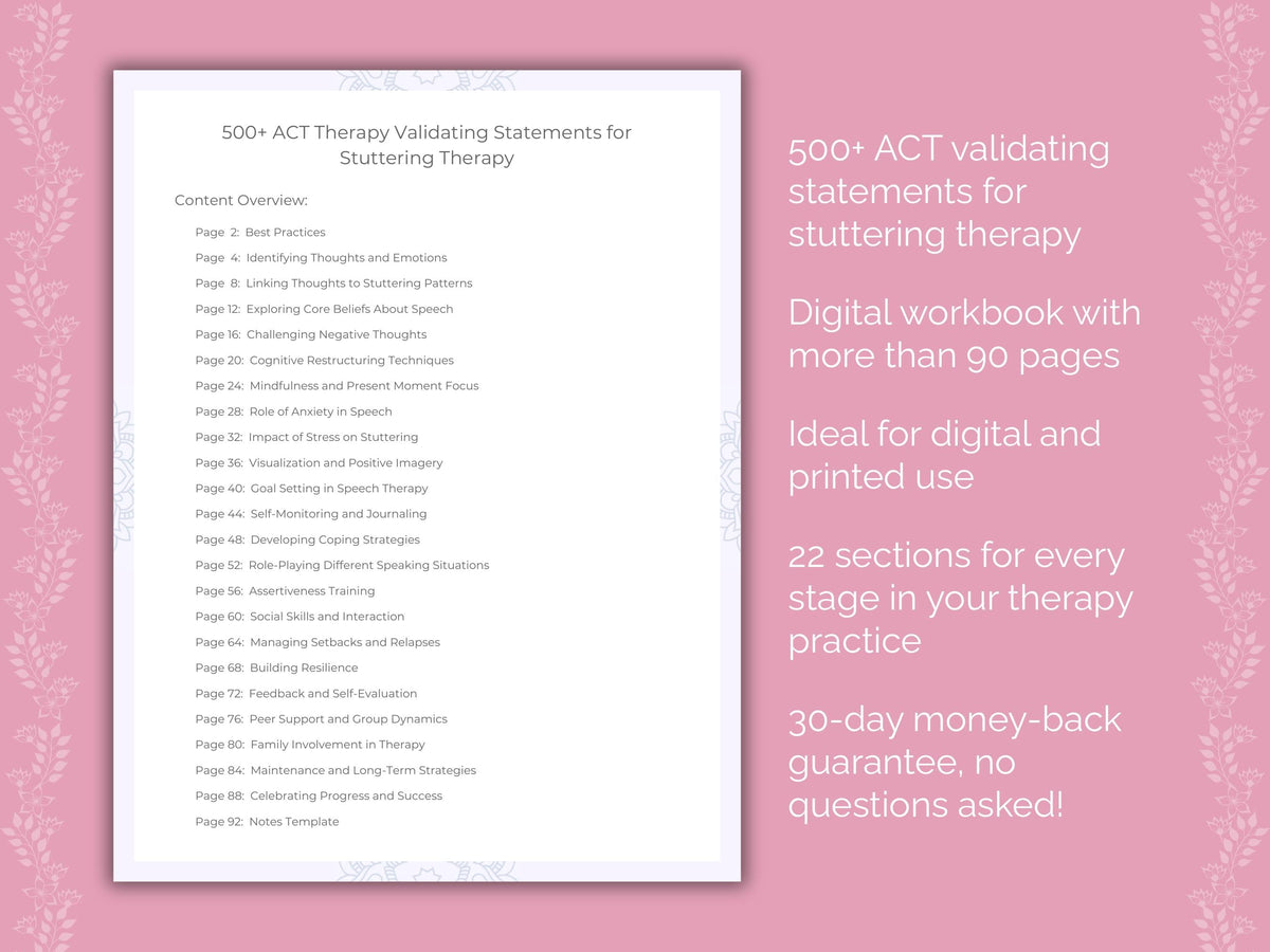 Stuttering Acceptance and Commitment Therapy (ACT) Therapist Worksheets