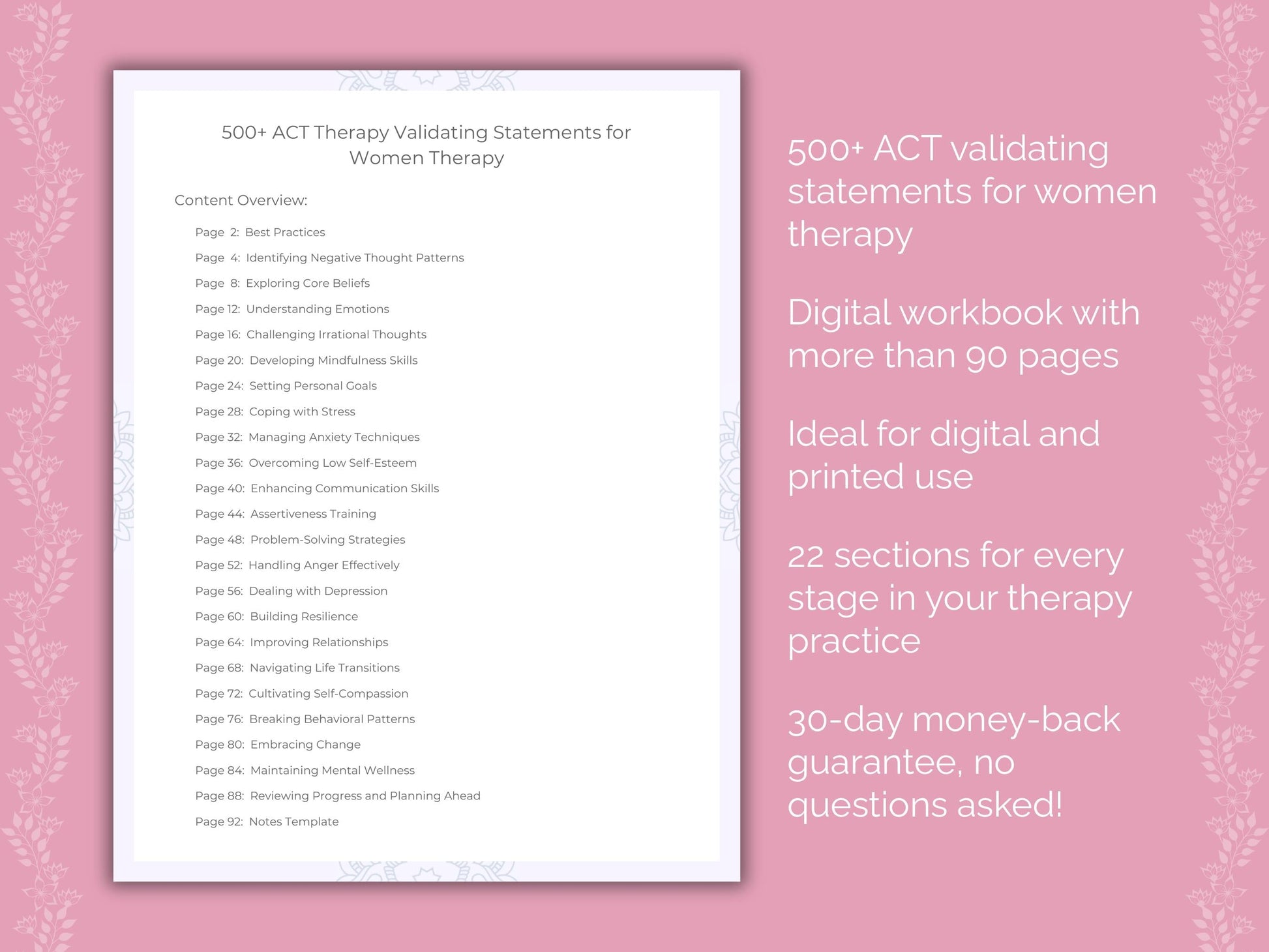 Women Acceptance and Commitment Therapy (ACT) Therapist Worksheets