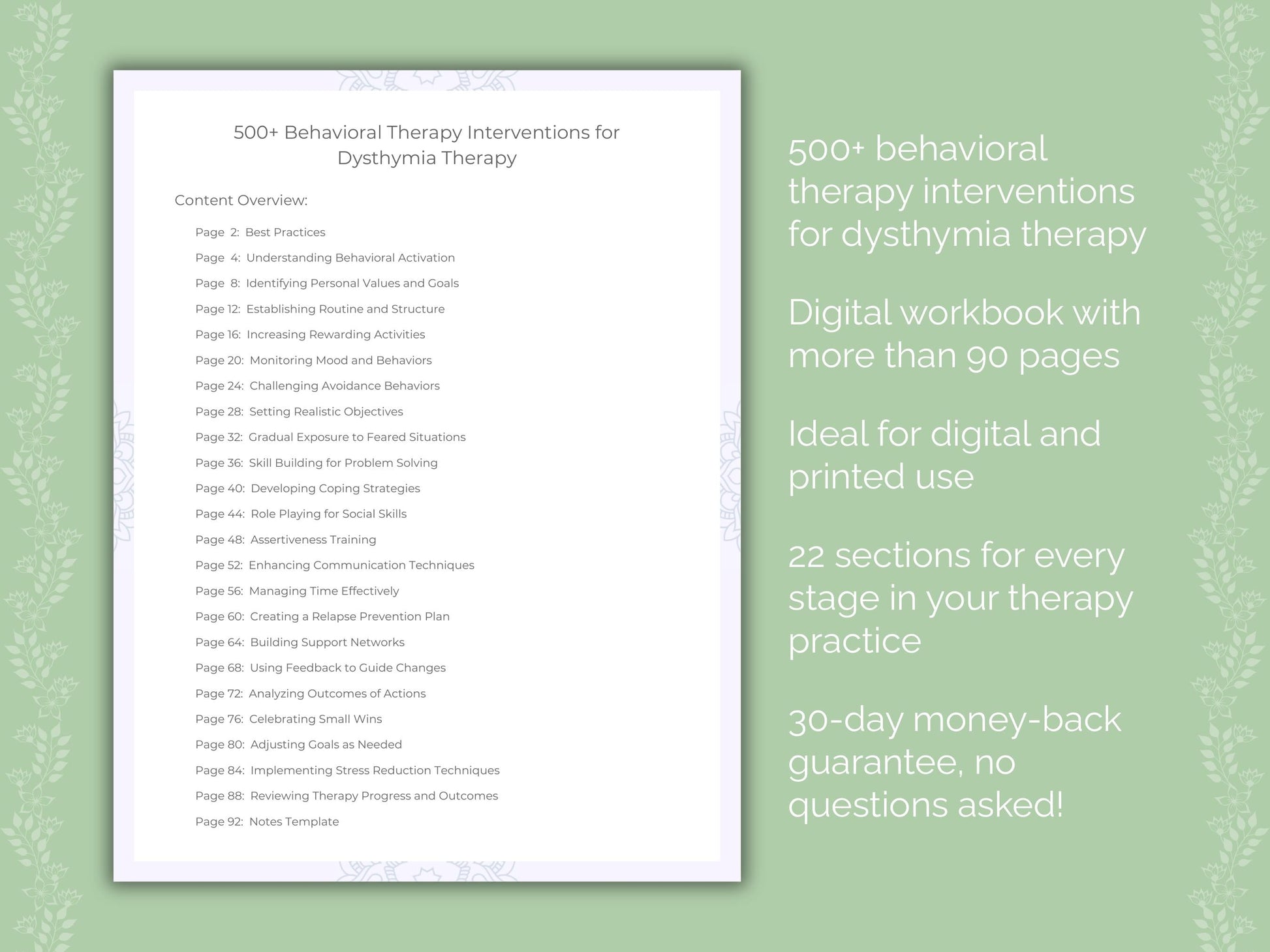 Dysthymia Behavioral Therapy Therapist Worksheets