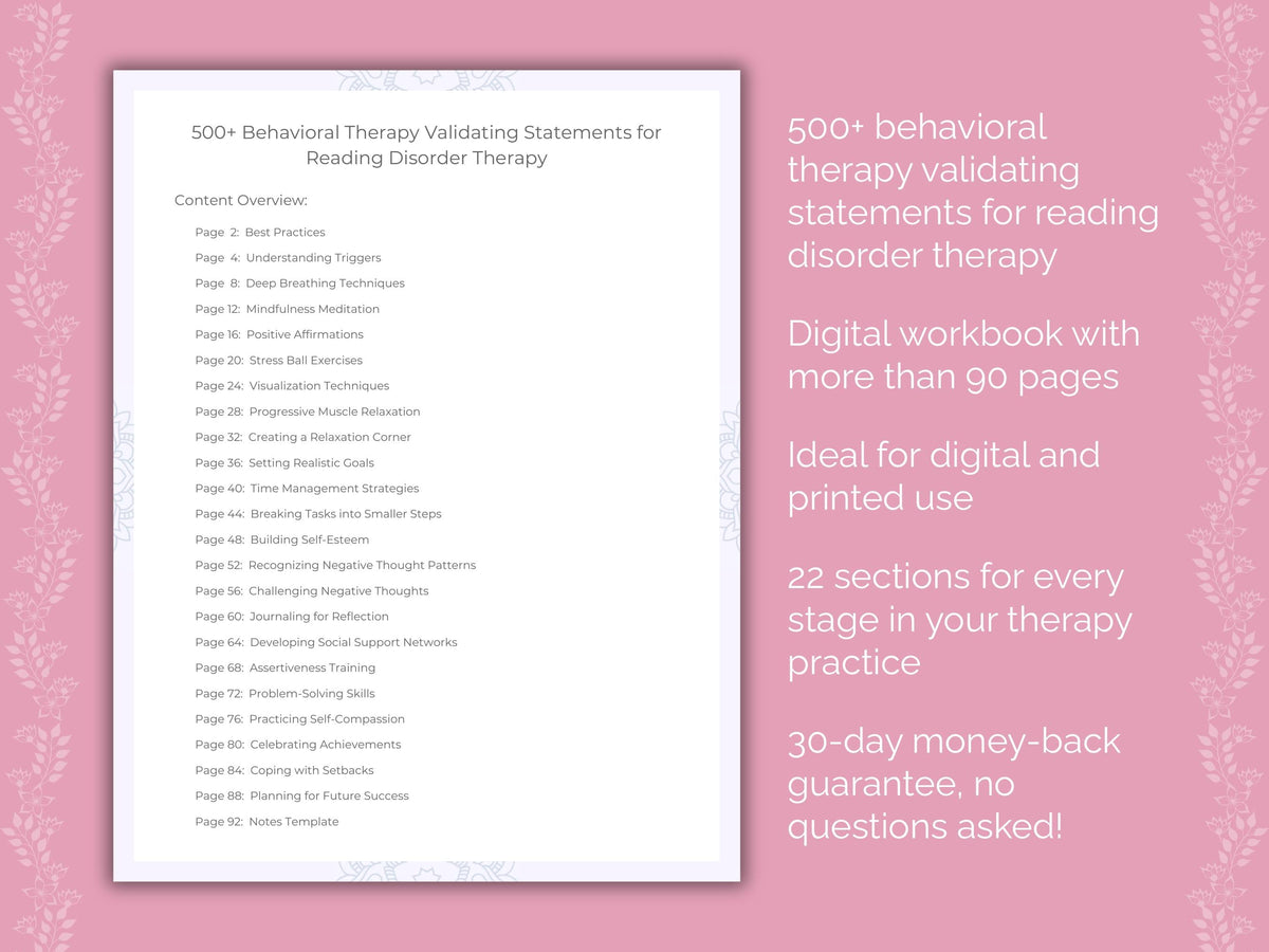 Reading Disorder Behavioral Therapy Therapist Worksheets