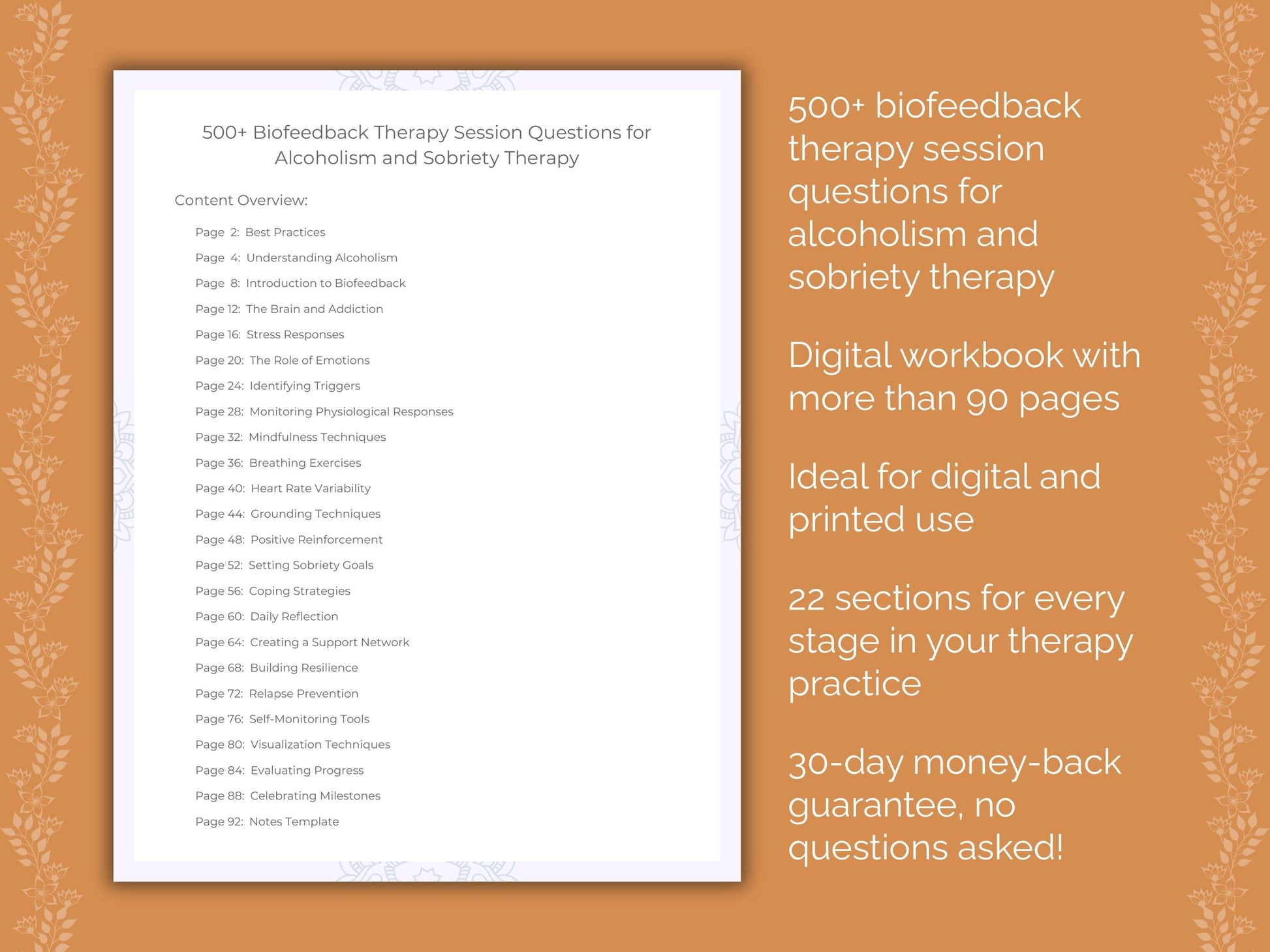 Alcoholism and Sobriety Biofeedback Therapy Therapist Worksheets