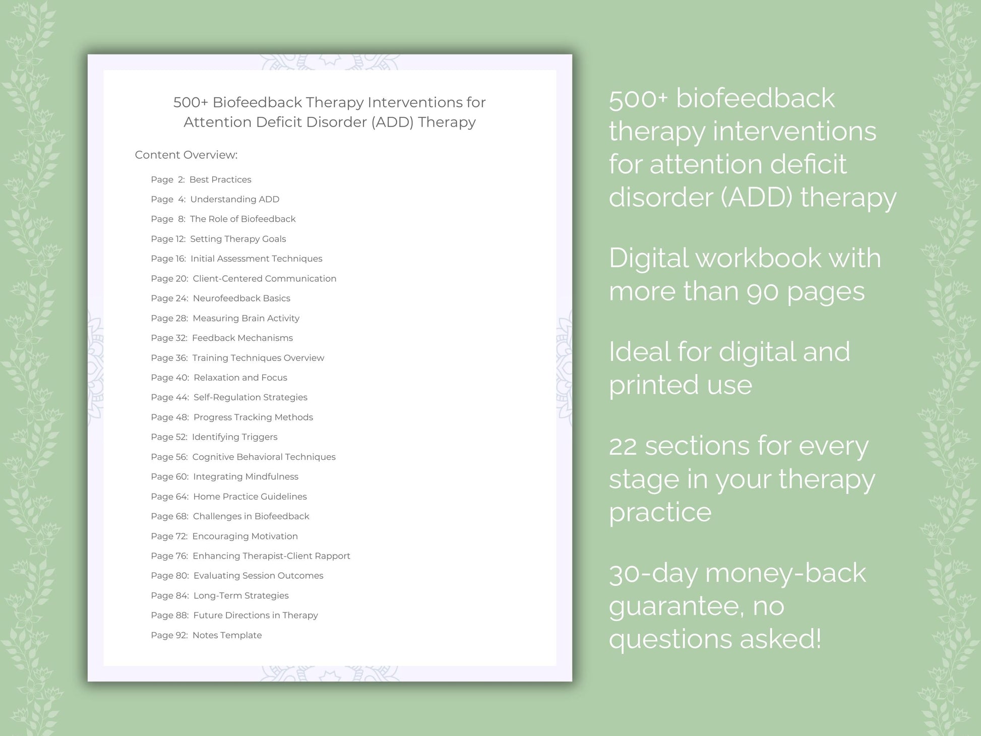 Attention Deficit Disorder (ADD) Biofeedback Therapy Therapist Worksheets