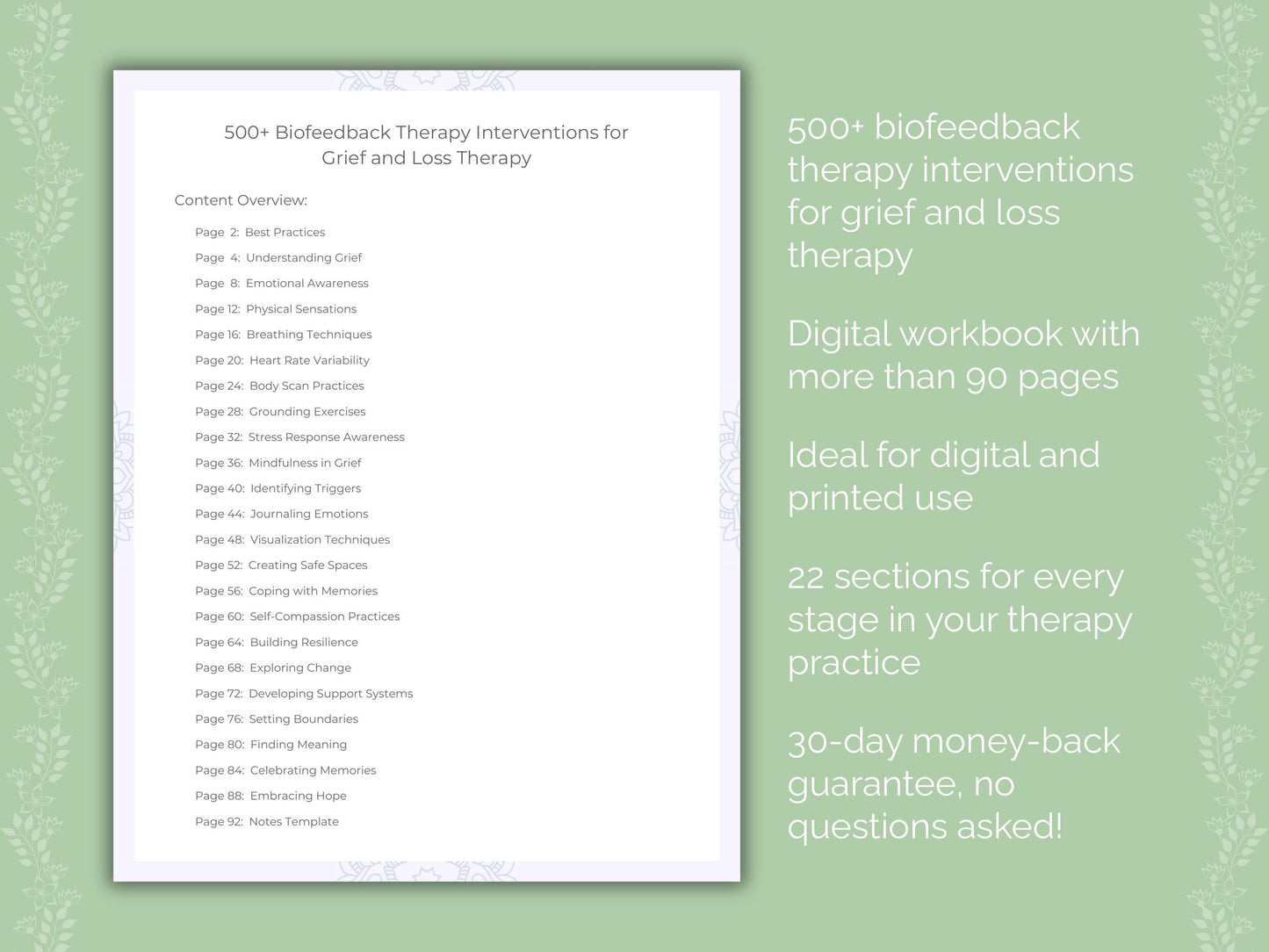 Grief and Loss Biofeedback Therapy Therapist Worksheets