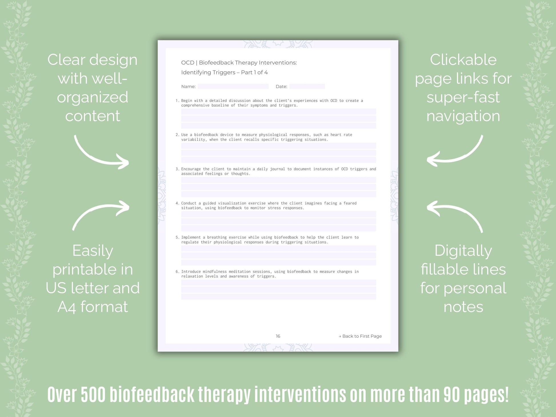 Obsessive-Compulsive Disorder (OCD) Biofeedback Therapy Counseling Templates