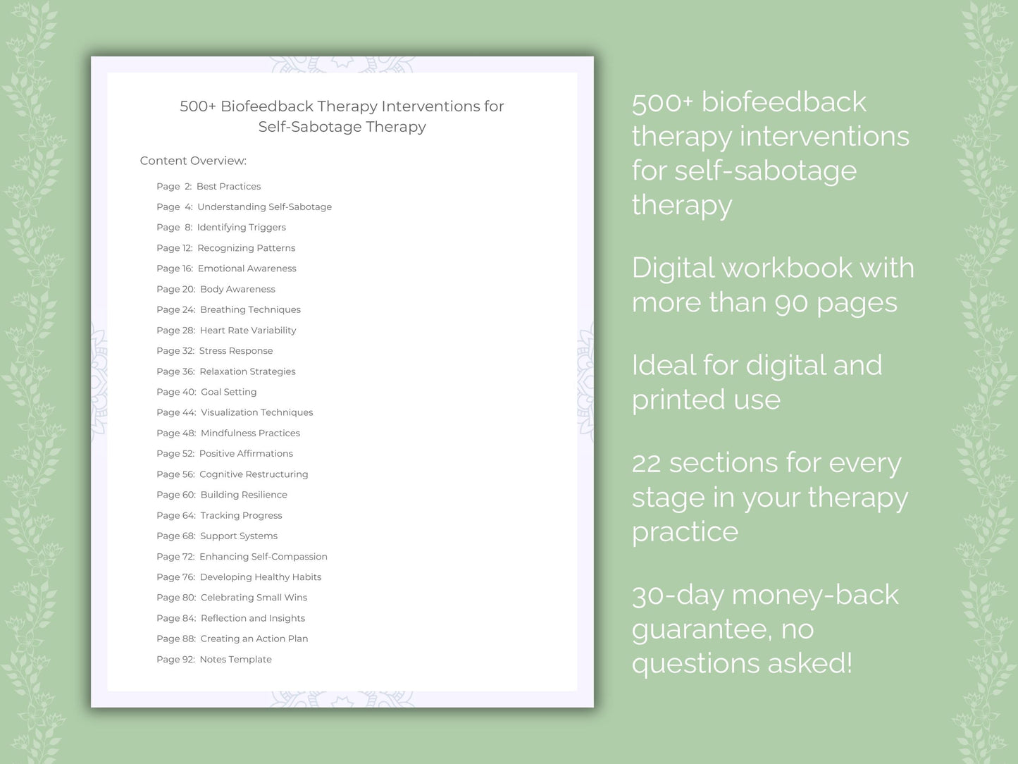 Self-Sabotage Biofeedback Therapy Therapist Worksheets