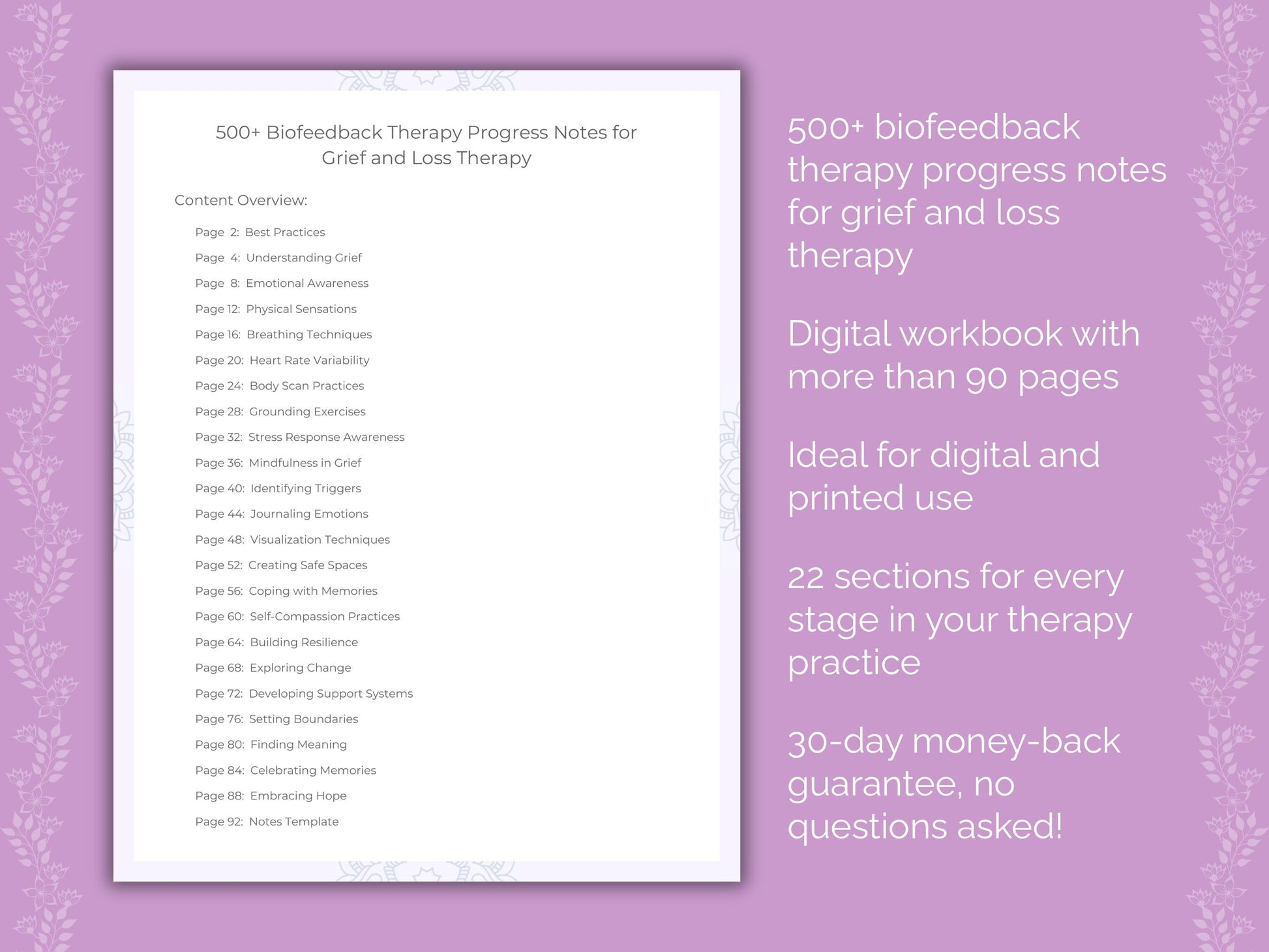 Grief and Loss Biofeedback Therapy Therapist Worksheets