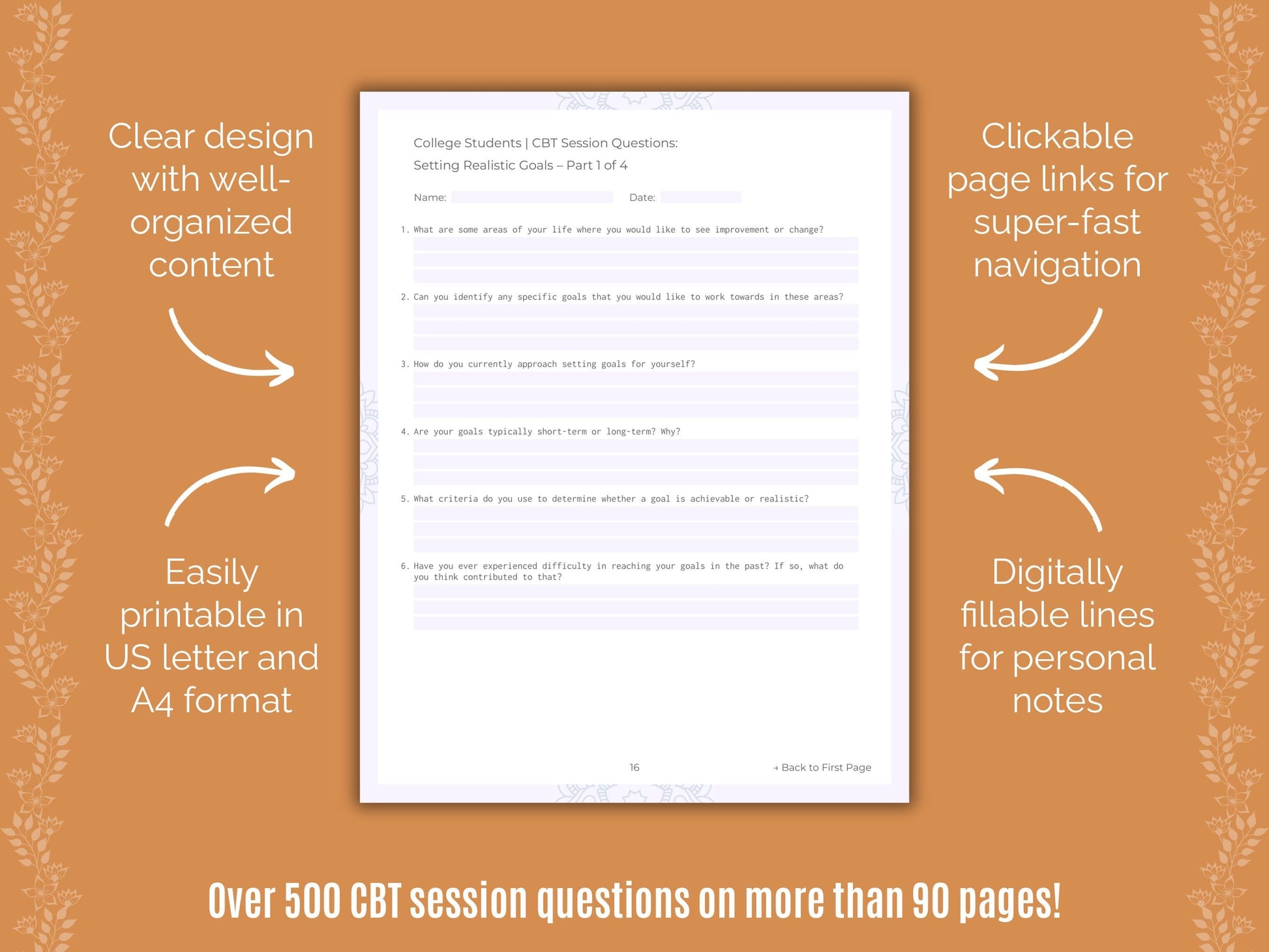 College Students Cognitive Behavioral Therapy (CBT) Counseling Templates