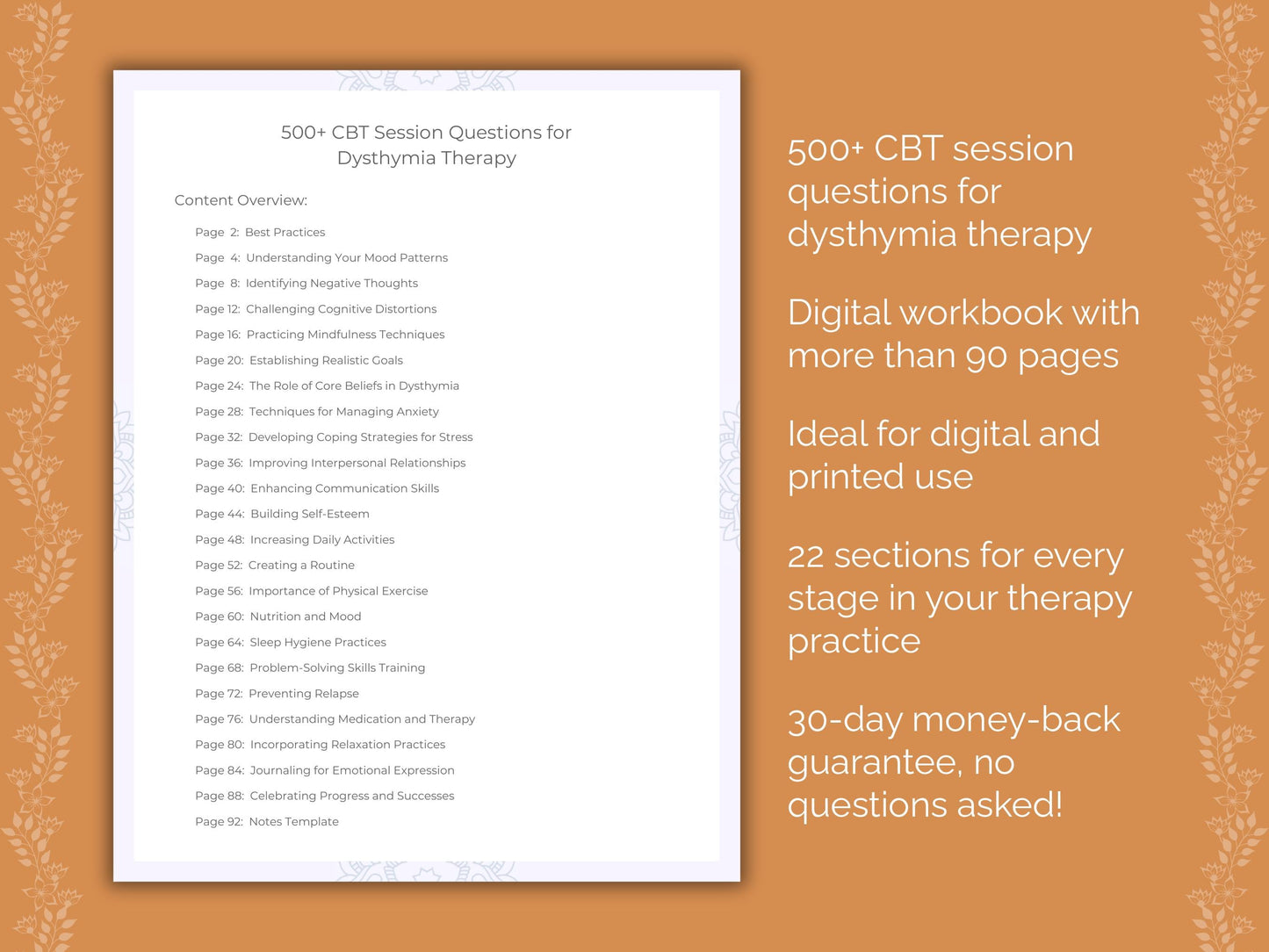 Dysthymia Cognitive Behavioral Therapy (CBT) Therapist Worksheets