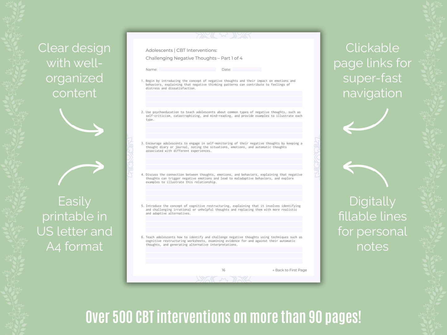 Adolescents Cognitive Behavioral Therapy (CBT) Counseling Templates