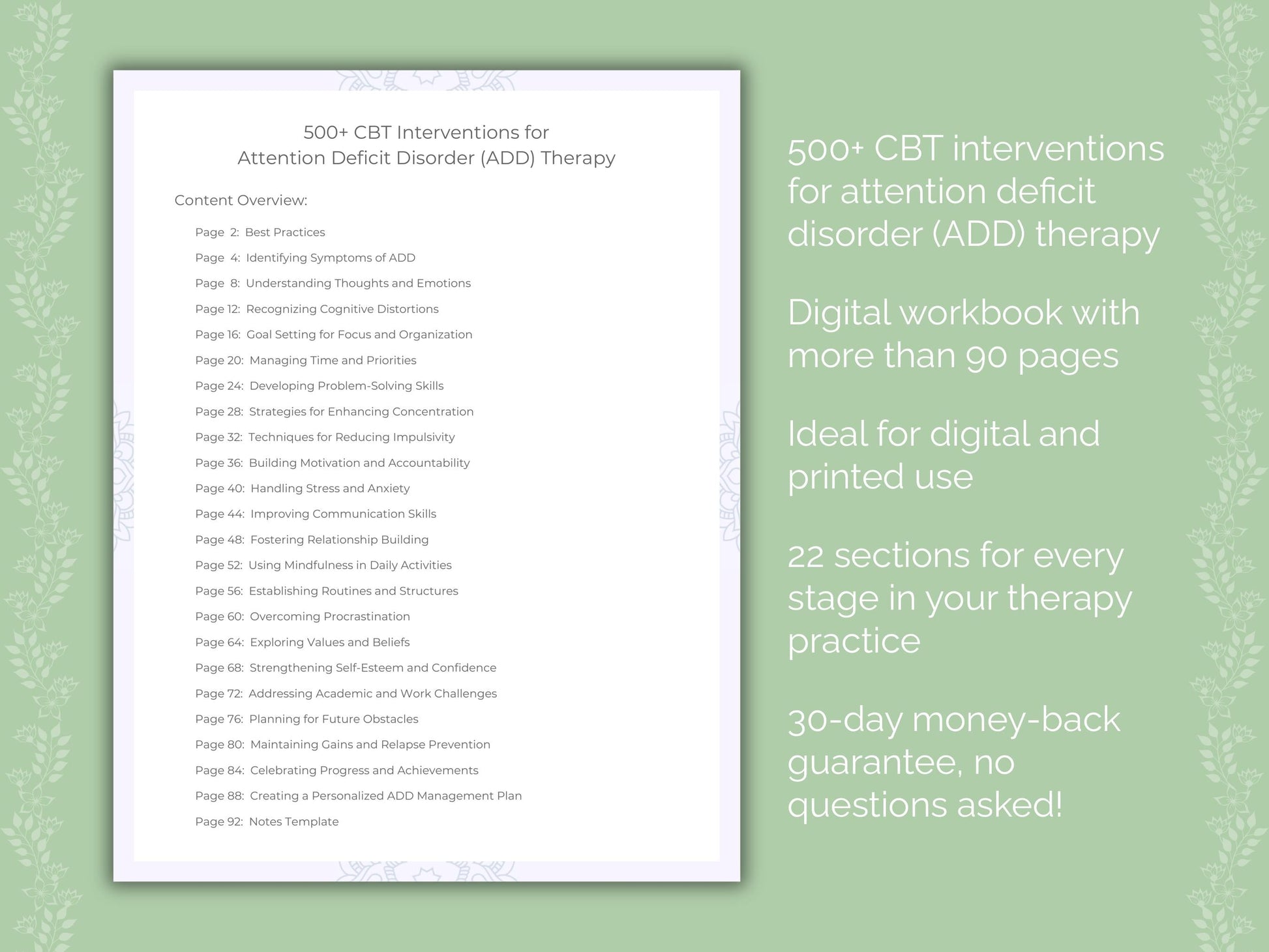 Attention Deficit Disorder (ADD) Cognitive Behavioral Therapy (CBT) Therapist Worksheets