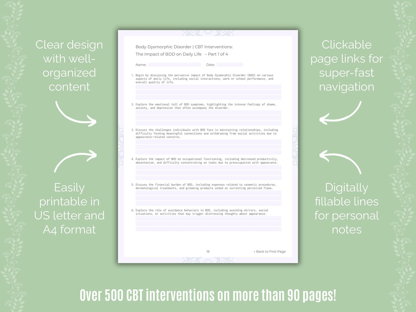 Body Dysmorphic Disorder (BDD) Cognitive Behavioral Therapy (CBT) Counseling Templates