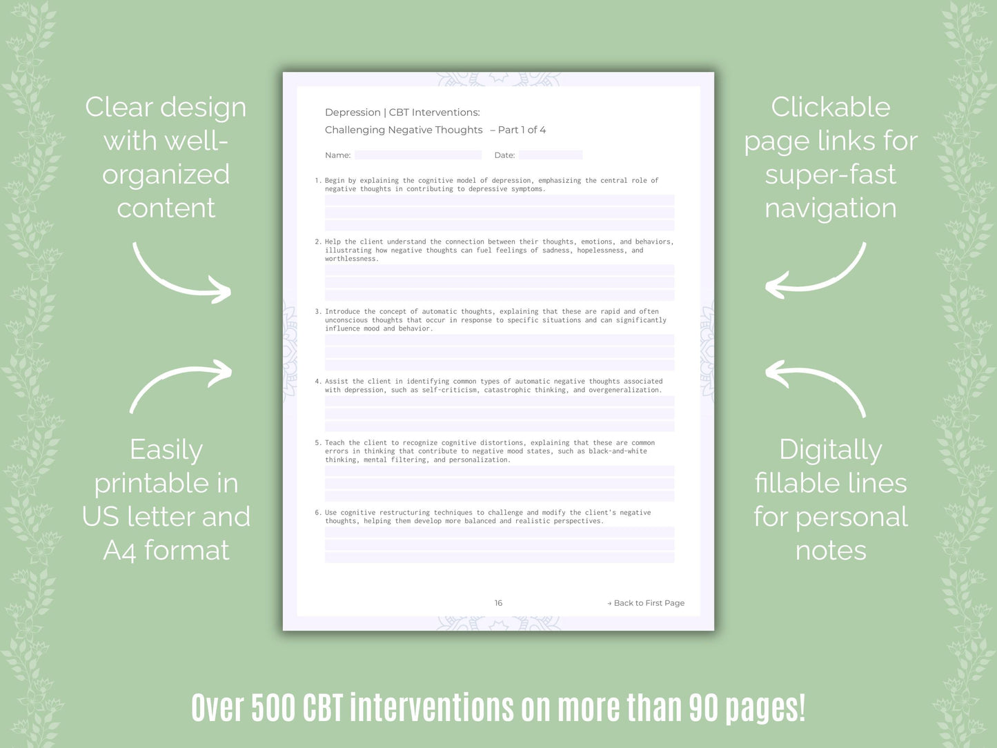 Depression Cognitive Behavioral Therapy (CBT) Counseling Templates