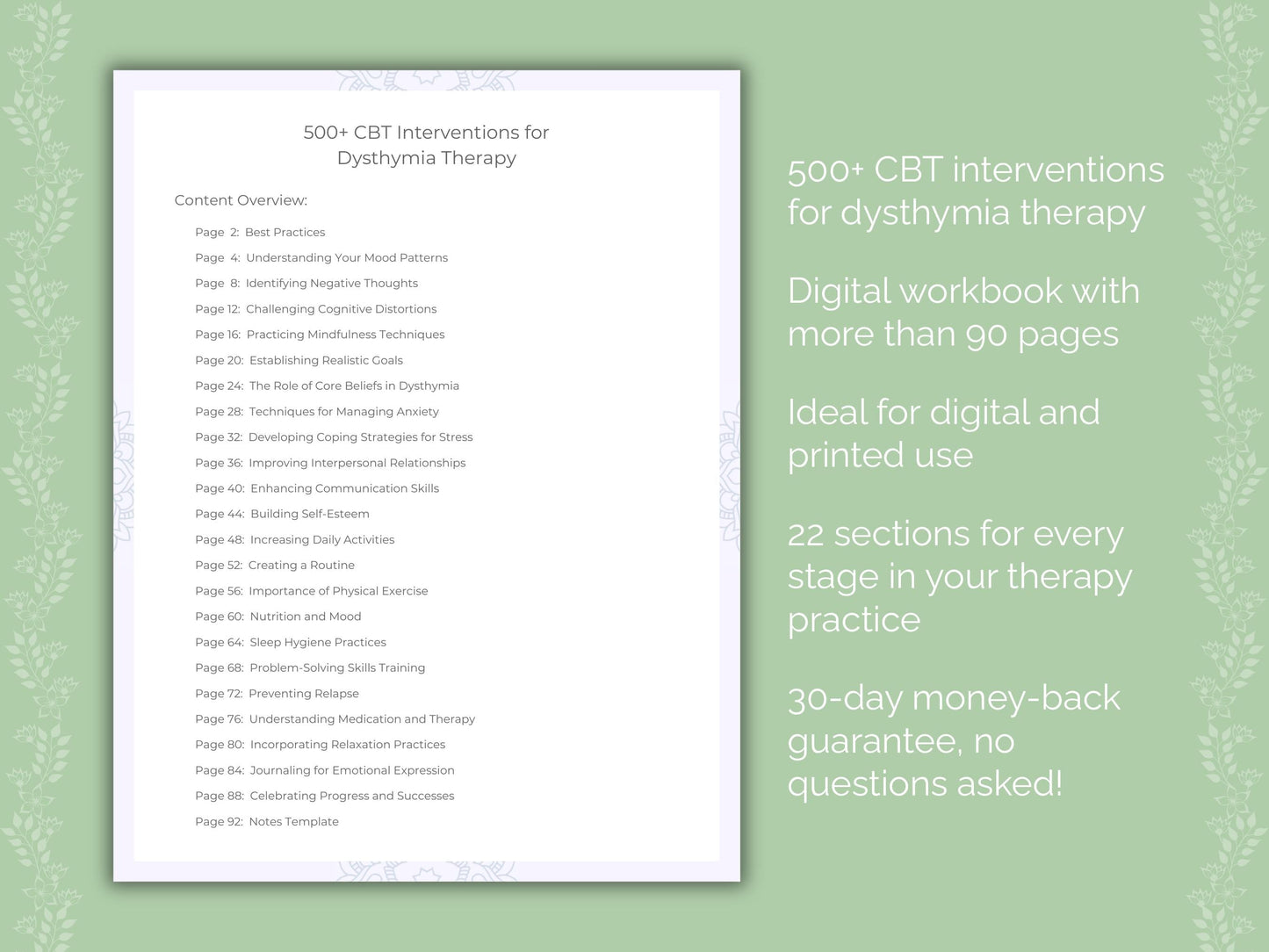 Dysthymia Cognitive Behavioral Therapy (CBT) Therapist Worksheets