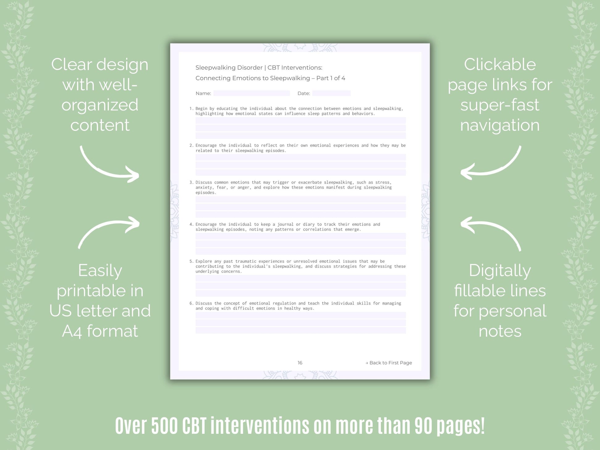 Sleepwalking Disorder Cognitive Behavioral Therapy (CBT) Counseling Templates