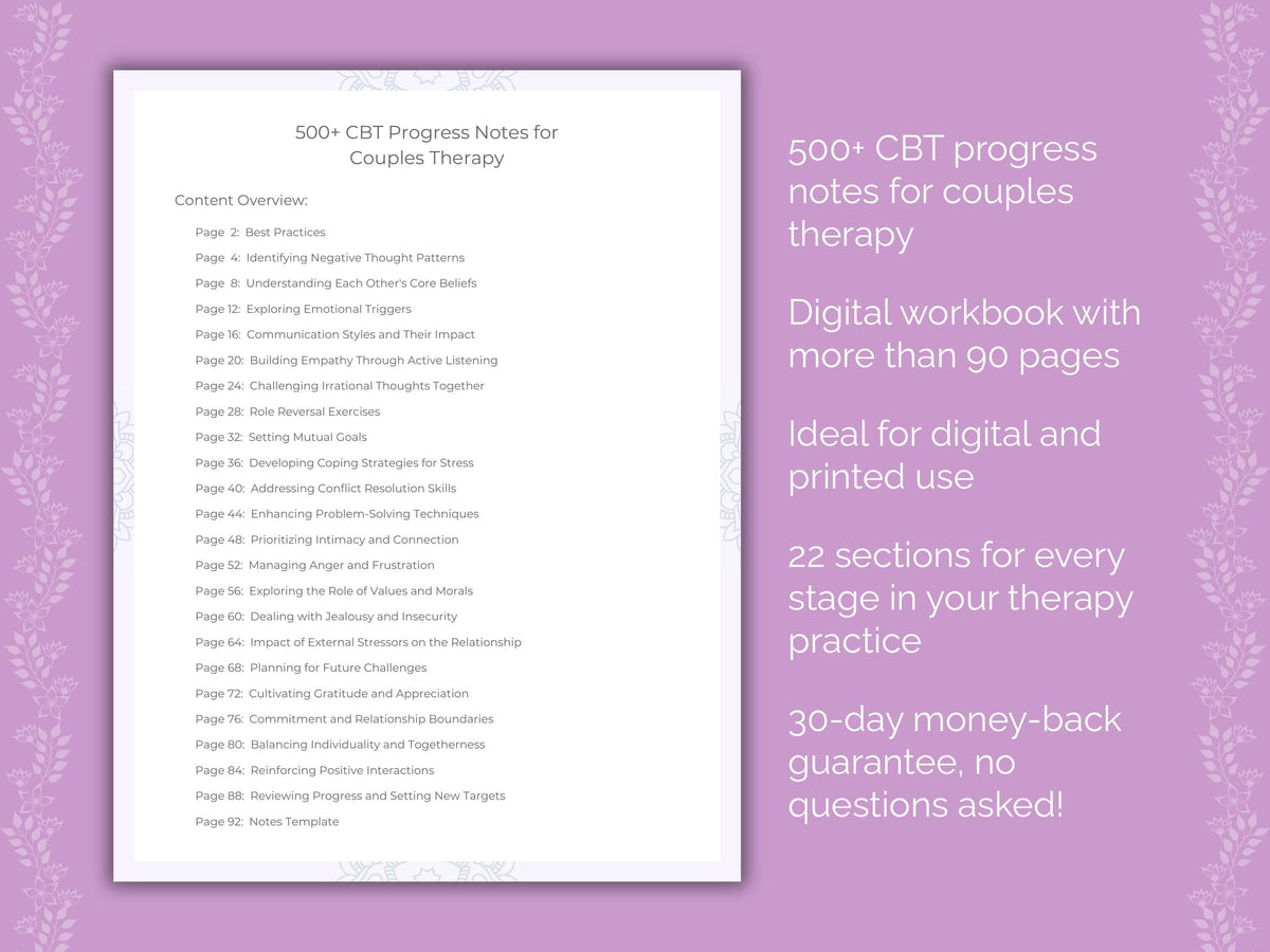 Couples Cognitive Behavioral Therapy (CBT) Therapist Worksheets