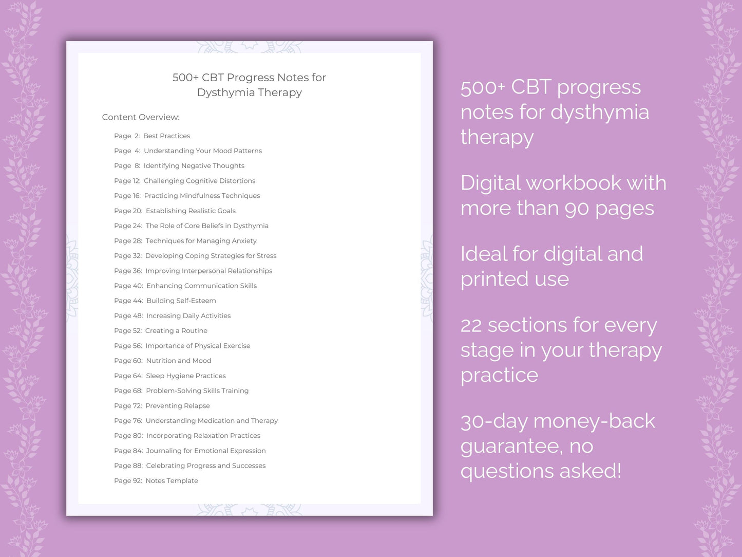 Dysthymia Cognitive Behavioral Therapy (CBT) Therapist Worksheets