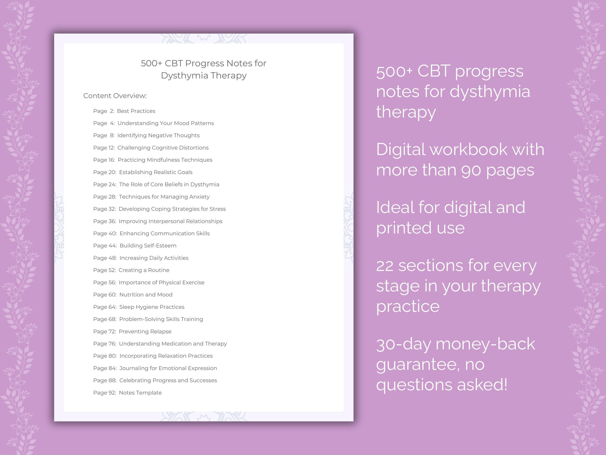 Dysthymia Cognitive Behavioral Therapy (CBT) Therapist Worksheets