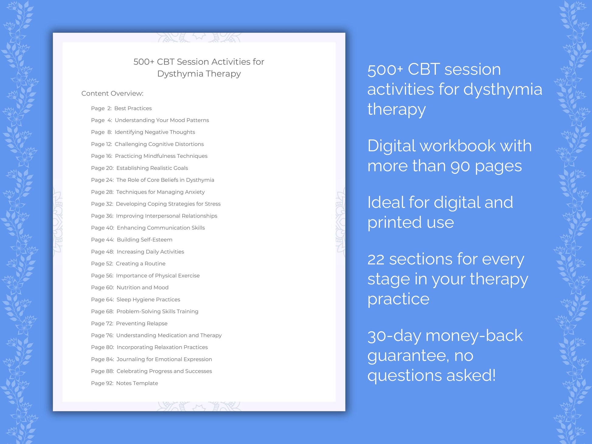 Dysthymia Cognitive Behavioral Therapy (CBT) Therapist Worksheets