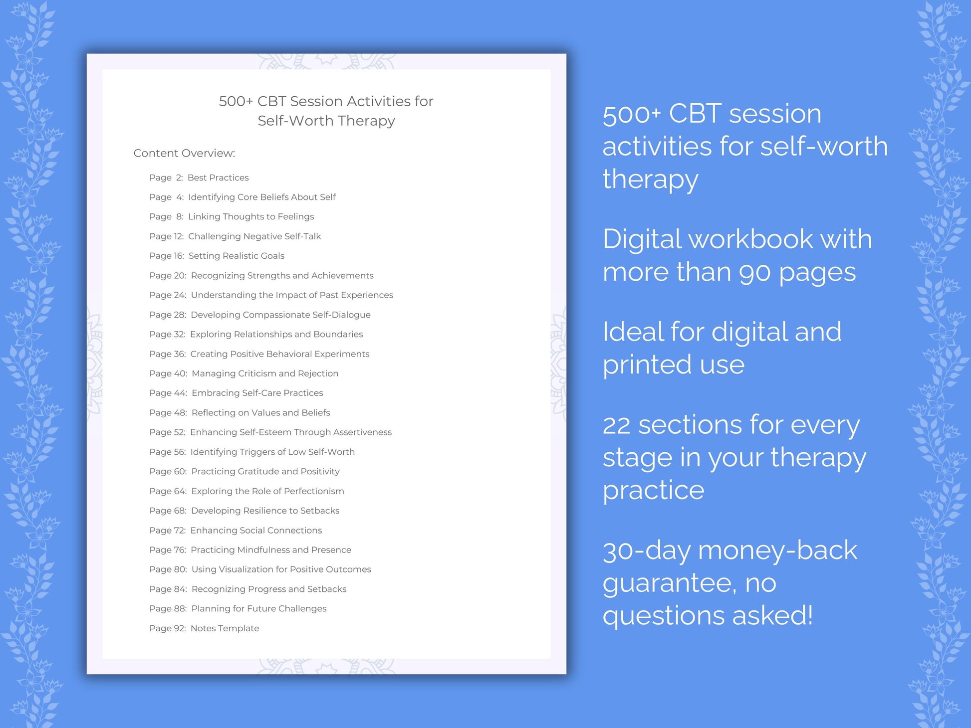 Self-Worth Cognitive Behavioral Therapy (CBT) Therapist Worksheets