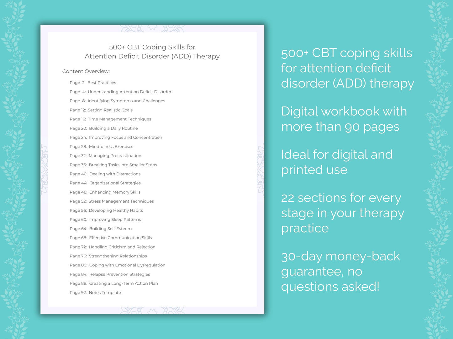 Attention Deficit Disorder (ADD) Cognitive Behavioral Therapy (CBT) Therapist Worksheets