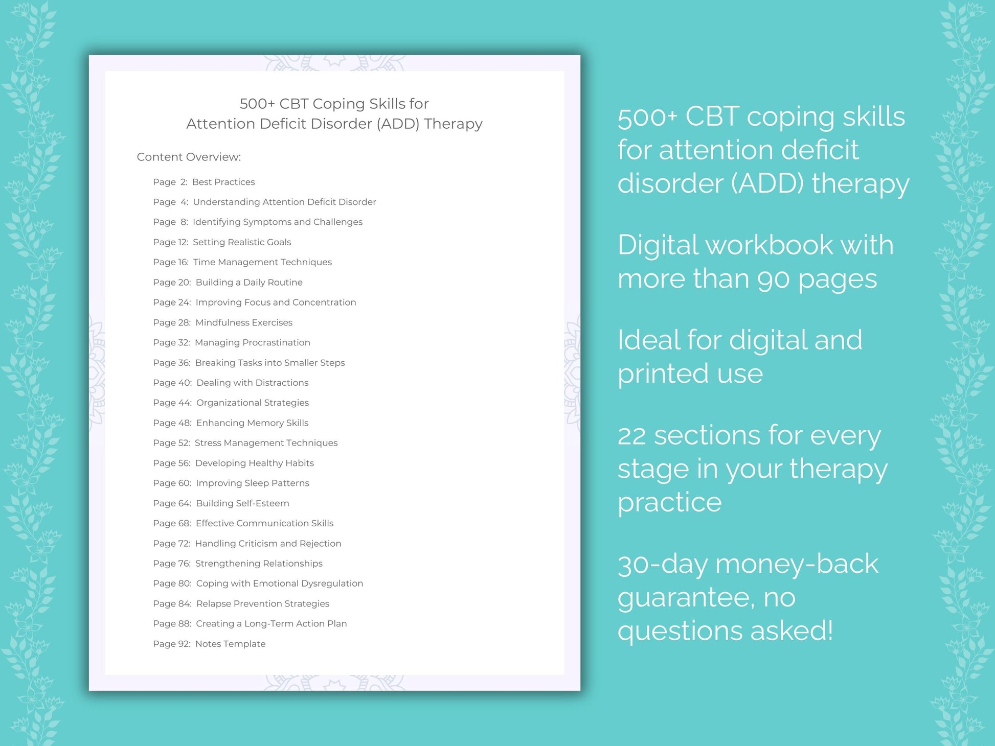 Attention Deficit Disorder (ADD) Cognitive Behavioral Therapy (CBT) Therapist Worksheets