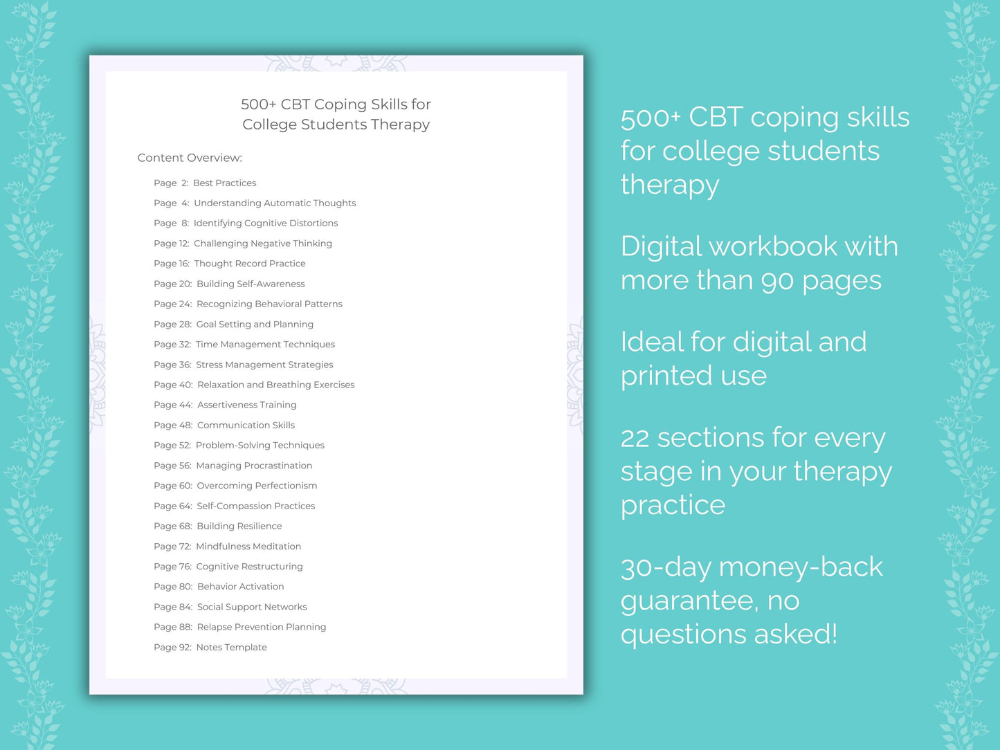 College Students Cognitive Behavioral Therapy (CBT) Therapist Worksheets