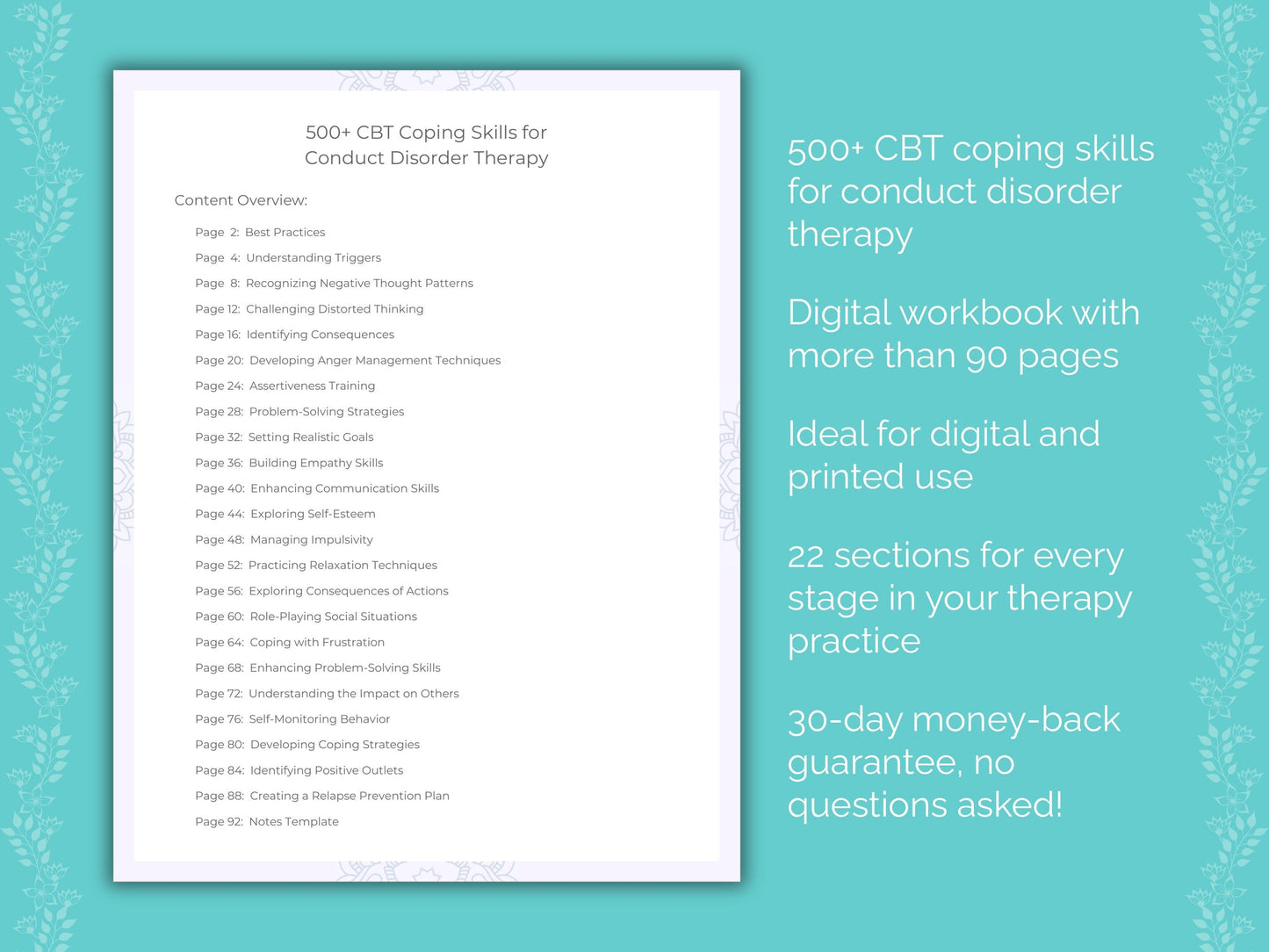 Conduct Disorder Cognitive Behavioral Therapy (CBT) Therapist Worksheets