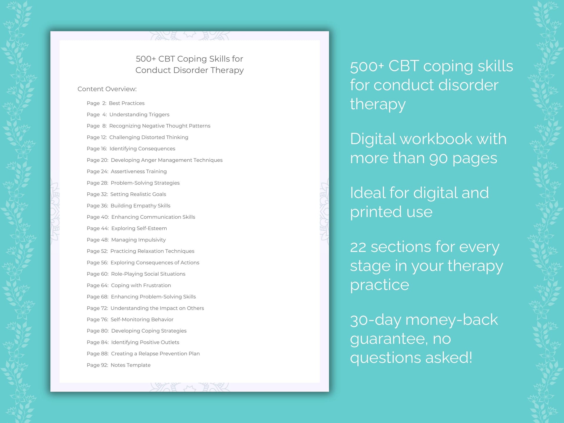 Conduct Disorder Cognitive Behavioral Therapy (CBT) Therapist Worksheets