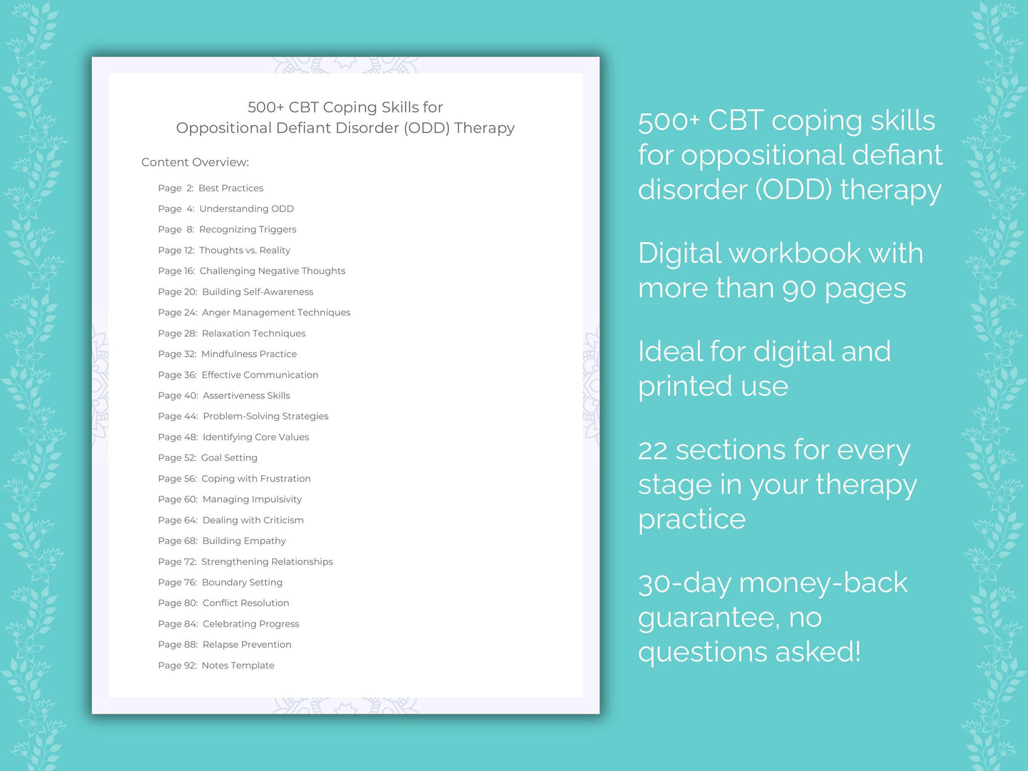 Oppositional Defiant Disorder (ODD) Cognitive Behavioral Therapy (CBT) Therapist Worksheets