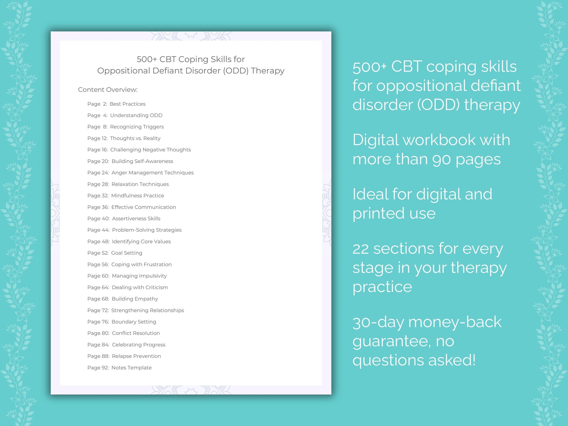 Oppositional Defiant Disorder (ODD) Cognitive Behavioral Therapy (CBT) Therapist Worksheets