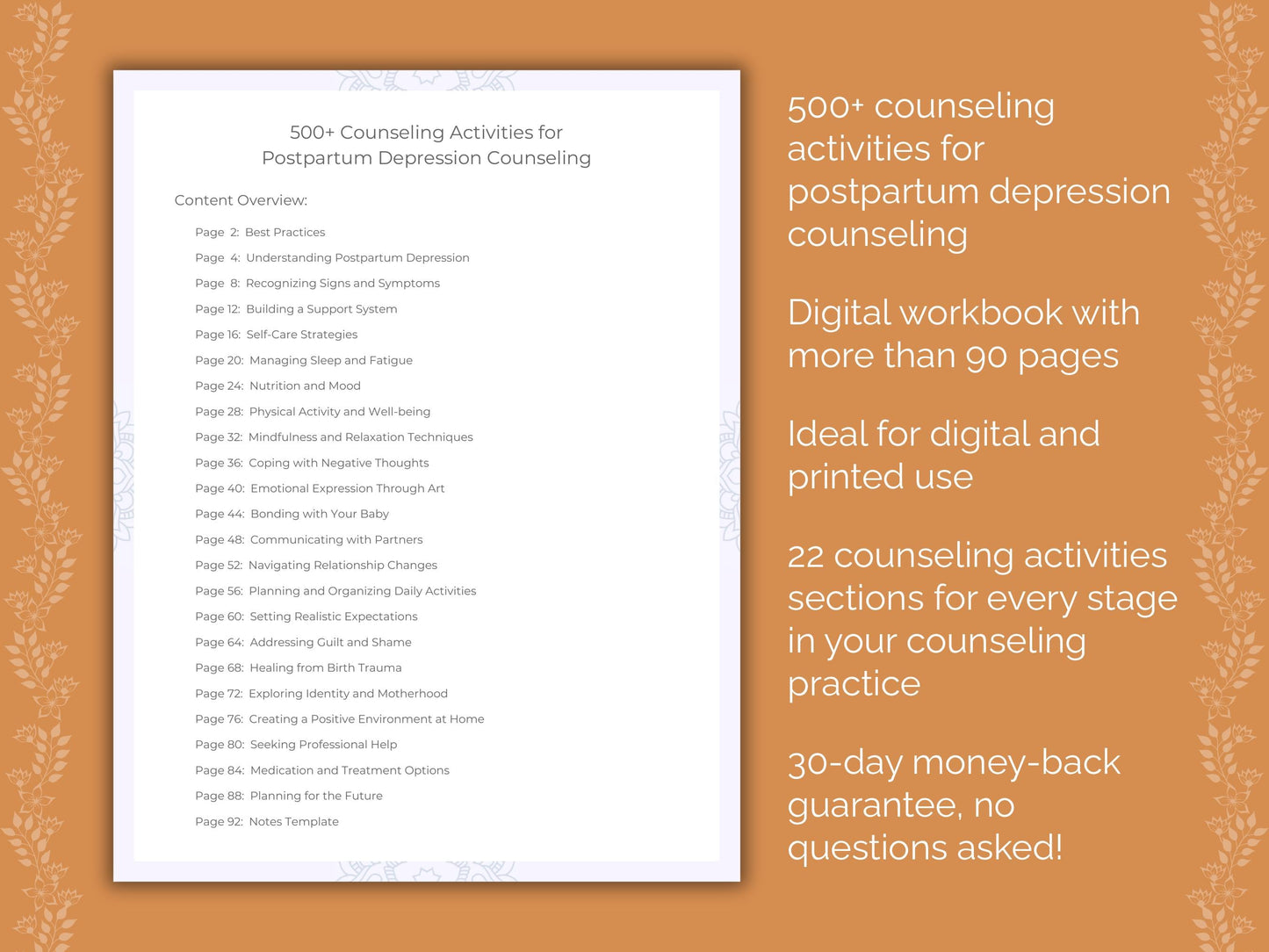 Postpartum Depression Counseling Therapist Worksheets