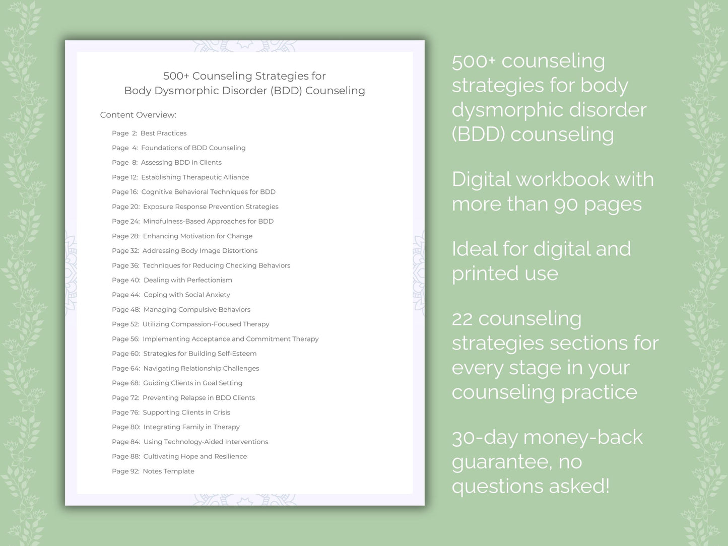 Body Dysmorphic Disorder (BDD) Counseling Therapist Worksheets