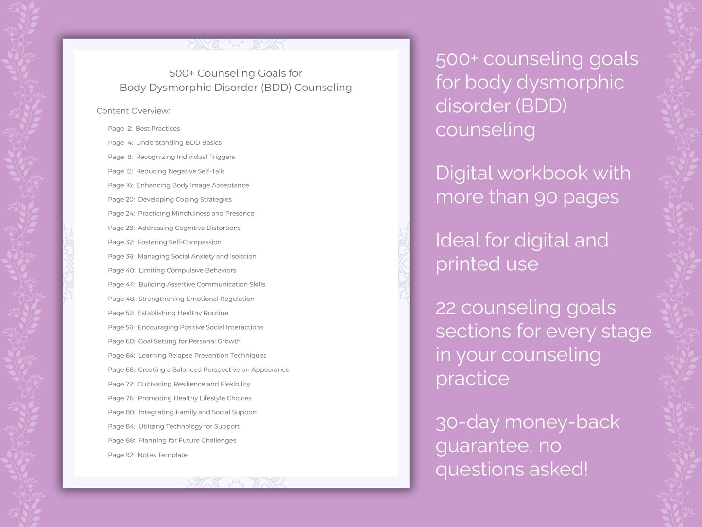 Body Dysmorphic Disorder (BDD) Counseling Therapist Worksheets