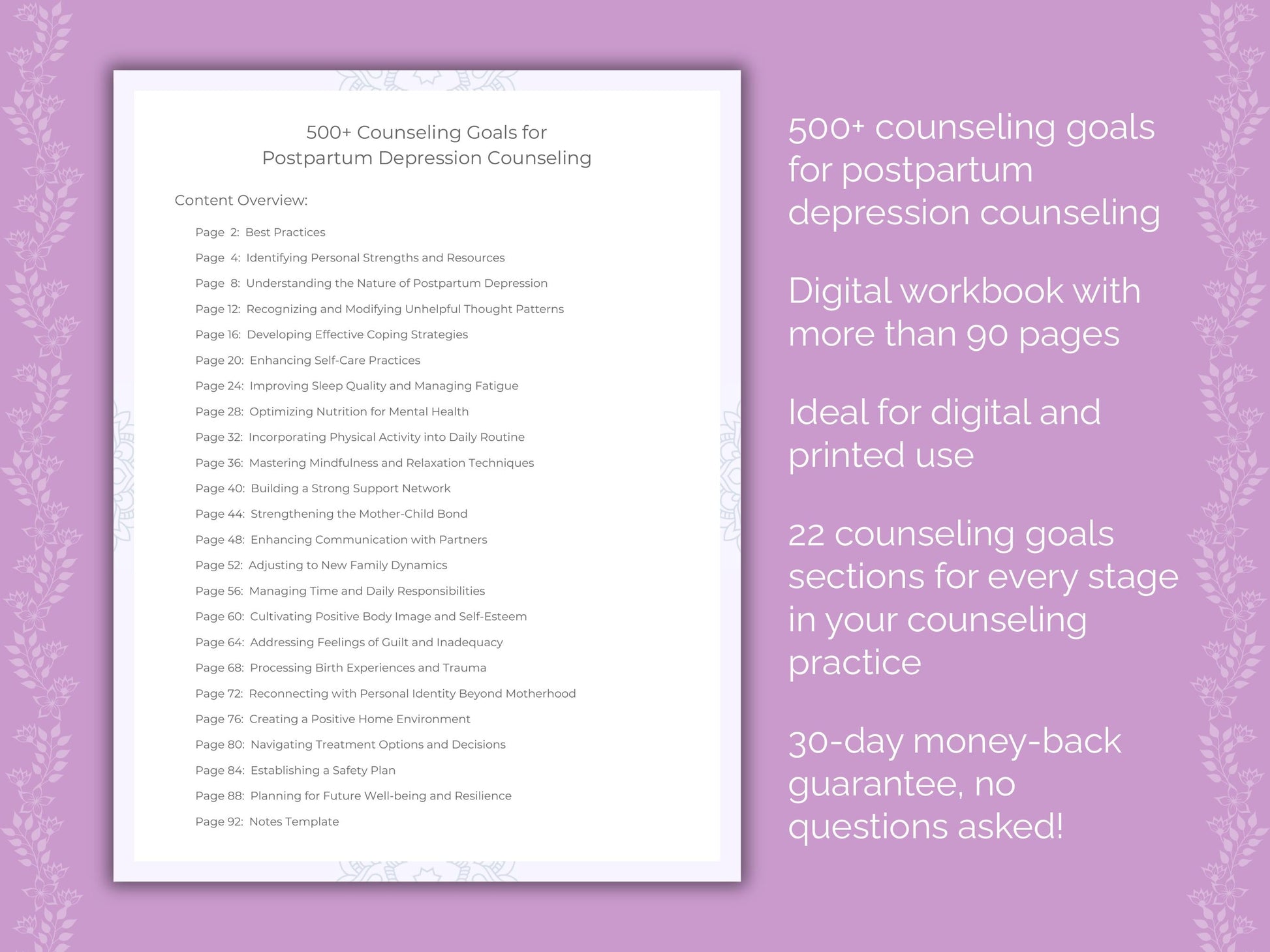 Postpartum Depression Counseling Therapist Worksheets