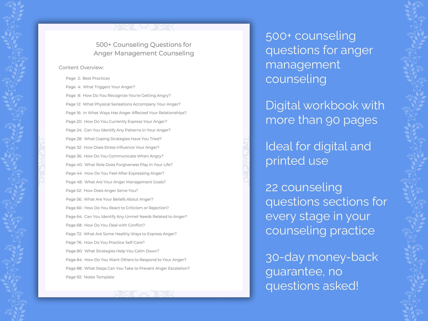 Anger Management Counseling Therapist Worksheets