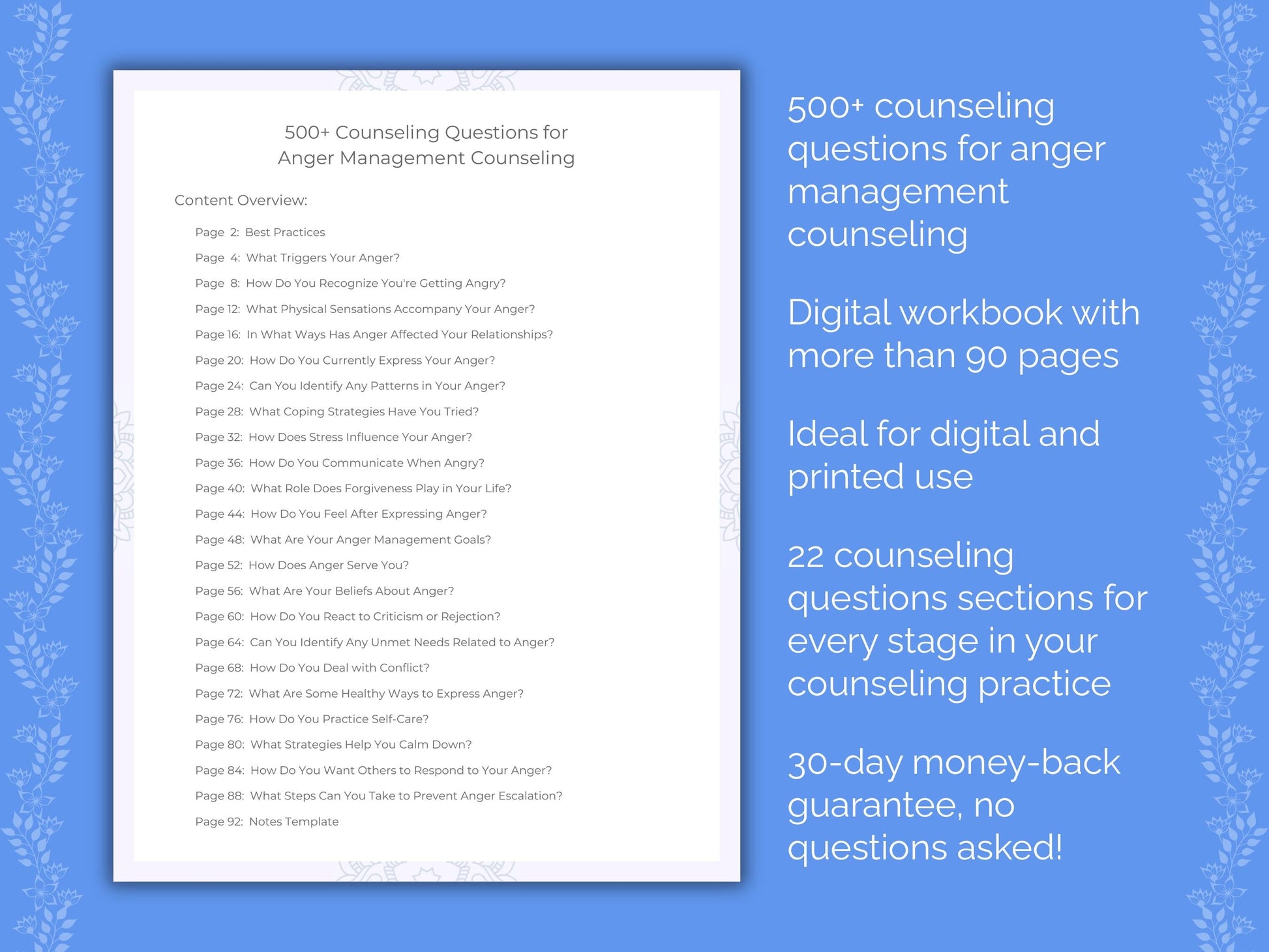 Anger Management Counseling Therapist Worksheets