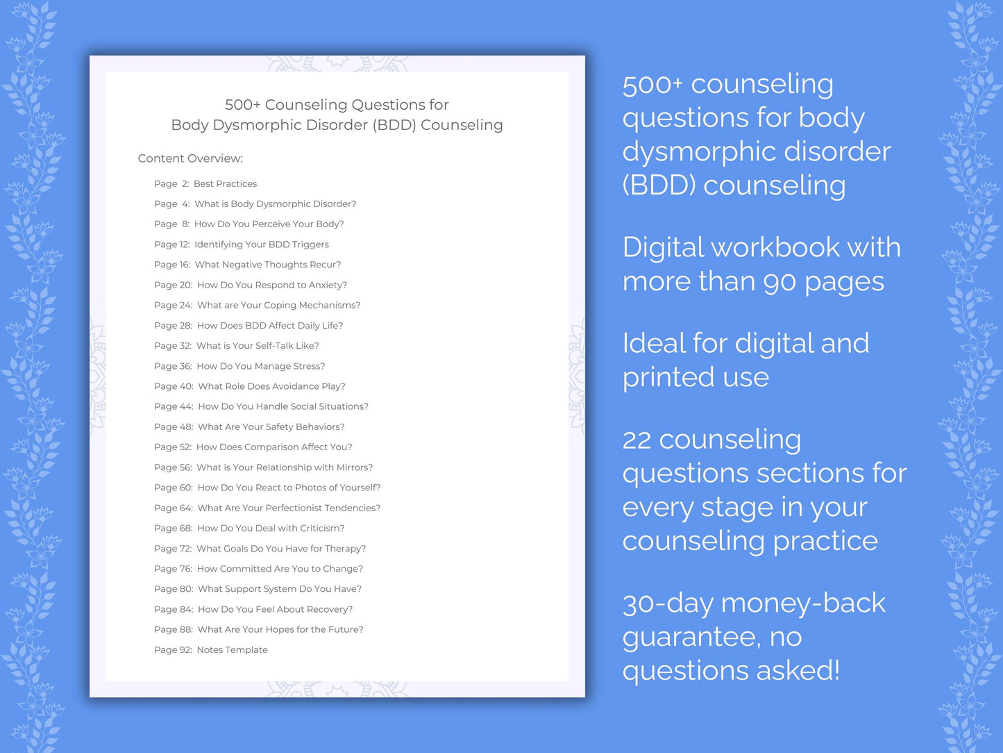 Body Dysmorphic Disorder (BDD) Counseling Therapist Worksheets