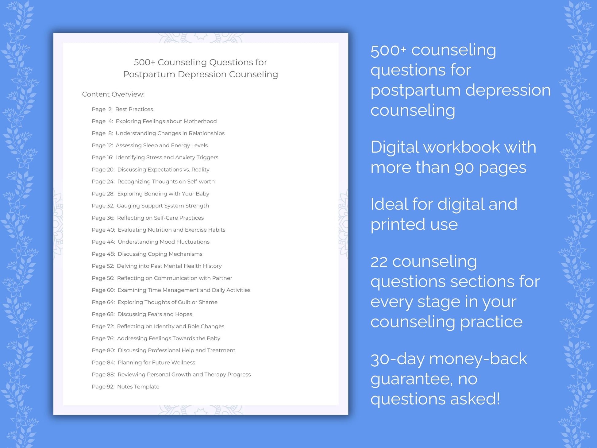 Postpartum Depression Counseling Therapist Worksheets